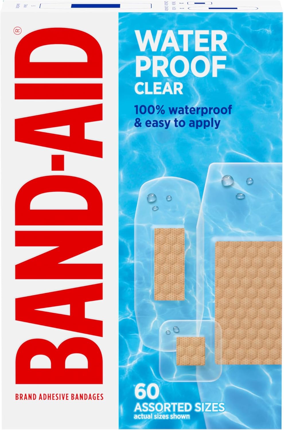 BAND-AID Brand Clear Waterproof Adhesive Bandages, Sterile First-Aid for Minor Wounds, Cuts & Scrapes, Clear Bandages with a Quilt-Aid Pad to Cushion Wounds, Assorted Sizes, 60 ct