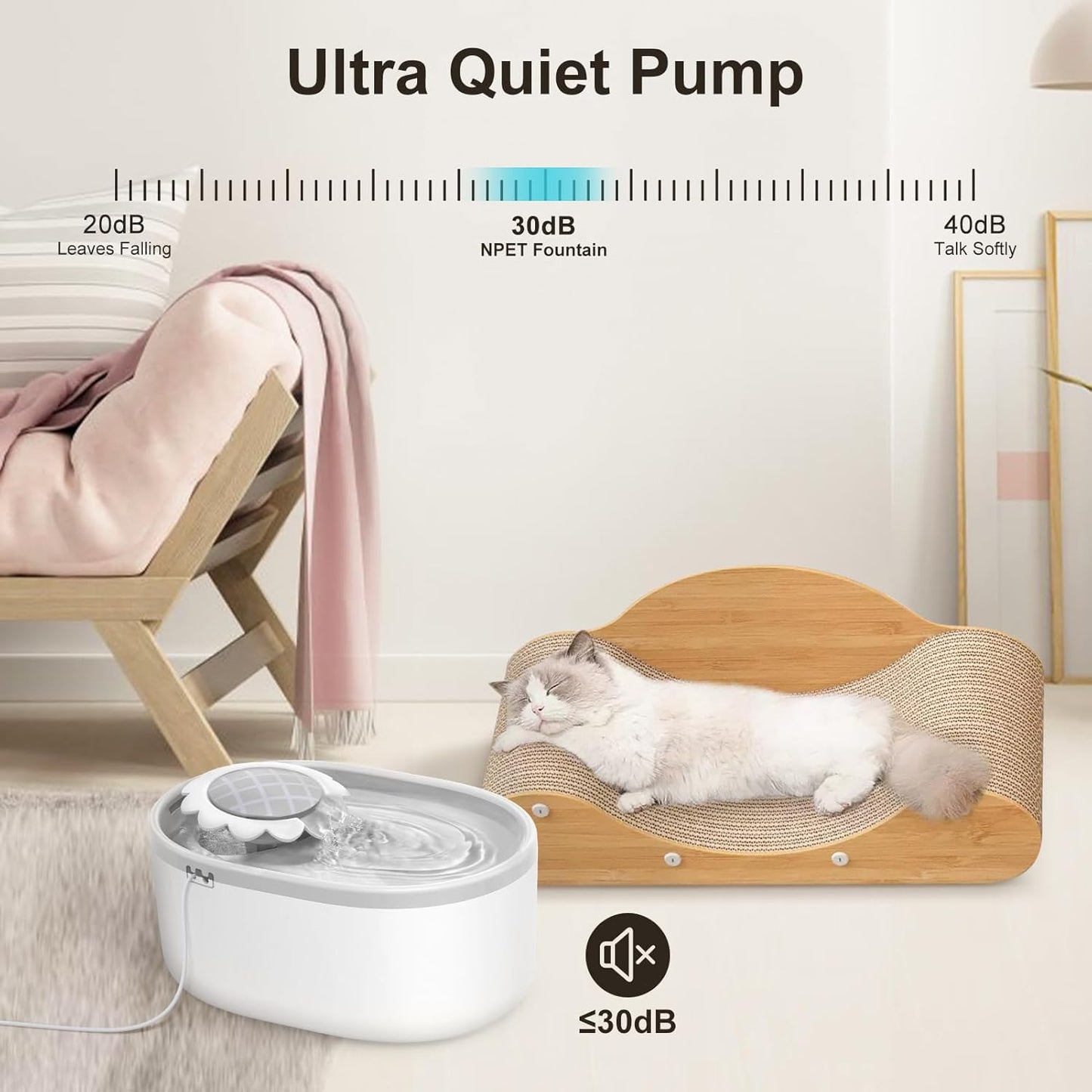 NPET Cat Water Fountain with Visible Water Level Window, White Grey 2L/67oz Automatic Pet Water Fountain with Quiet Pump, Dog Water Dispenser for Drinking (Regular)