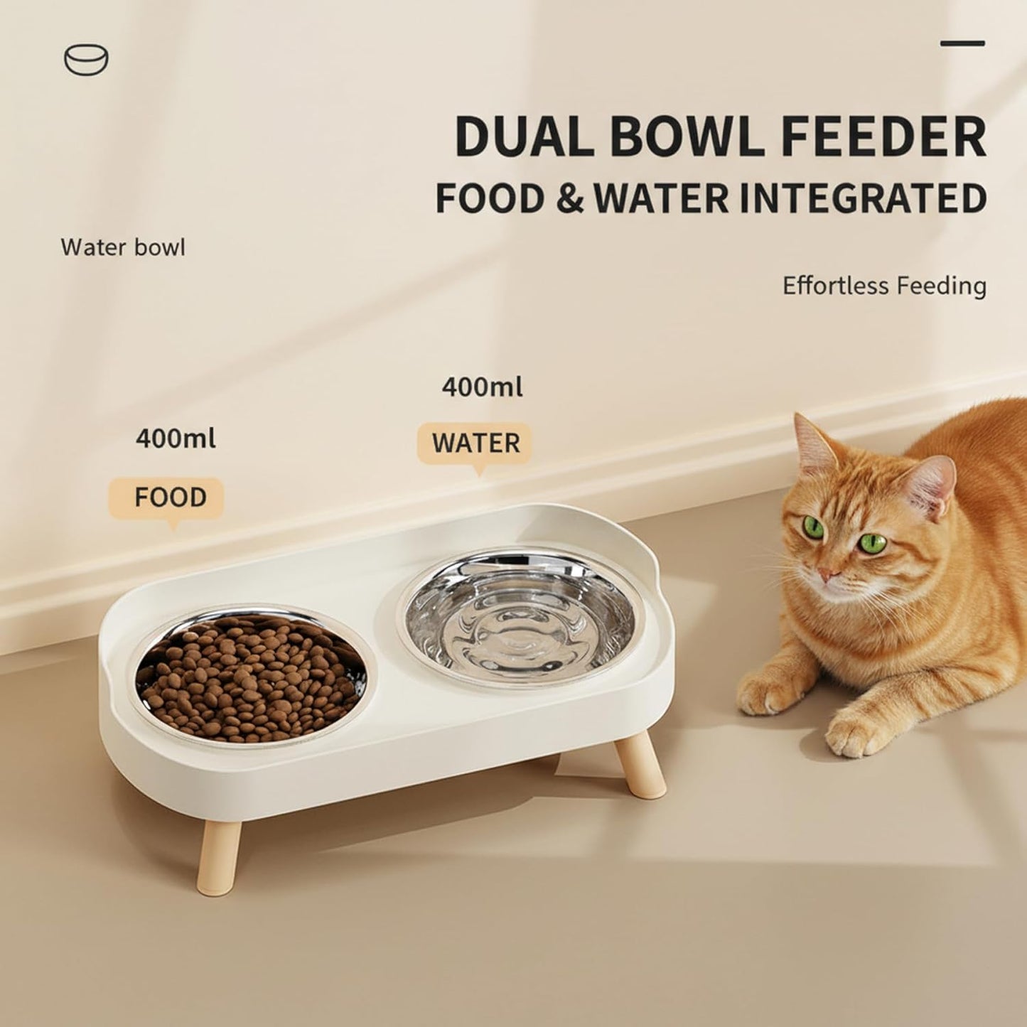 2-Pack Cat Bowl Set, Elevated Cat Food and Water Bowl with Non-Slip Stand, Stainless Steel Double Feeder with Anti-Spill Design for Cats and Small Dogs