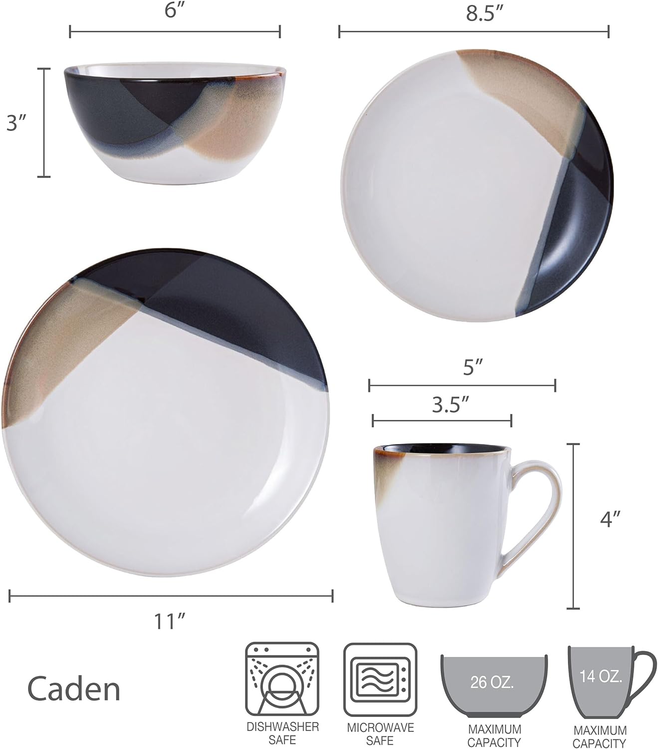 Gourmet Basics by Mikasa Caden 16-Piece Stoneware Dinnerware Set — Service for 4, Reactive Glaze, Black/Tan & White Finish, Microwave & Dishwasher Safe, Everyday & Formal Use