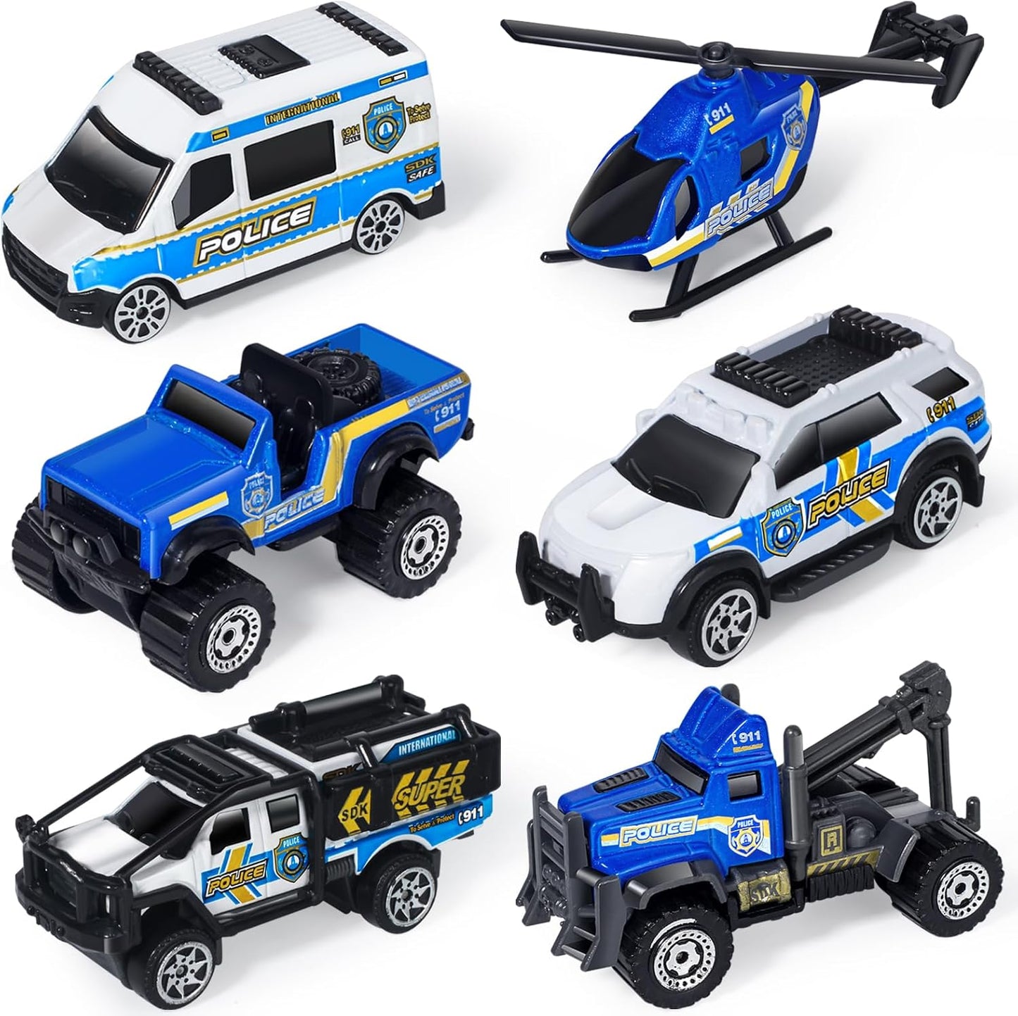 Oriate 6 PCS 1:64 Die-Cast Police Car Toys & Emergency Vehicles Set - Include Helicopter, Tow Truck Toy, ATV - Cake Topper, Police Cars Party Favors, Birthday Gift for Boys Girls Ages 3 4 5 and Above
