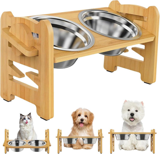 Elevated Dog Bowls, Adjustable Raised Tilted Food Water Bowl, Slanted Bamboo Pet Feeding Station with Stainless Steel Bowl for Small & Medium Dogs, Cat Kitten Flat Faced Puppy Feeder