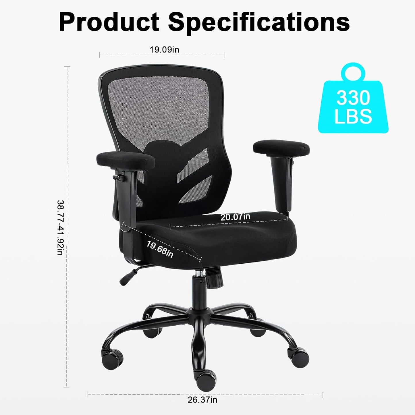 YFO Ergonomic Office Chair, Mesh Computer Desk Chair with Adjustable Back Lumbar Support and Armrests, Comfy Executive Rolling Swivel Task Chair for Home Office, Black