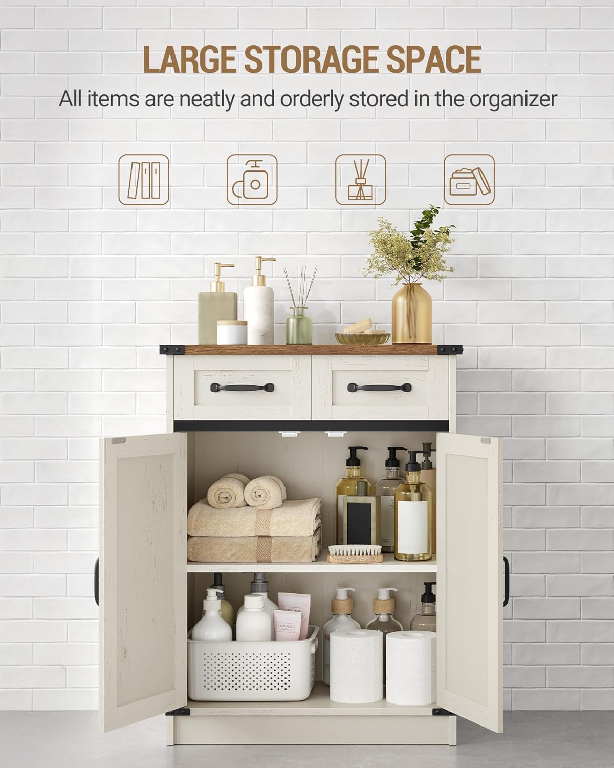 Bathroom Storage Cabinet, Freestanding Bathroom Floor Cabinet with Drawers & Doors, Farmhouse Buffet Cabinets with Adjustable Shelf, for Kitchen, Living Room, Entryway, White Brown SC62414X