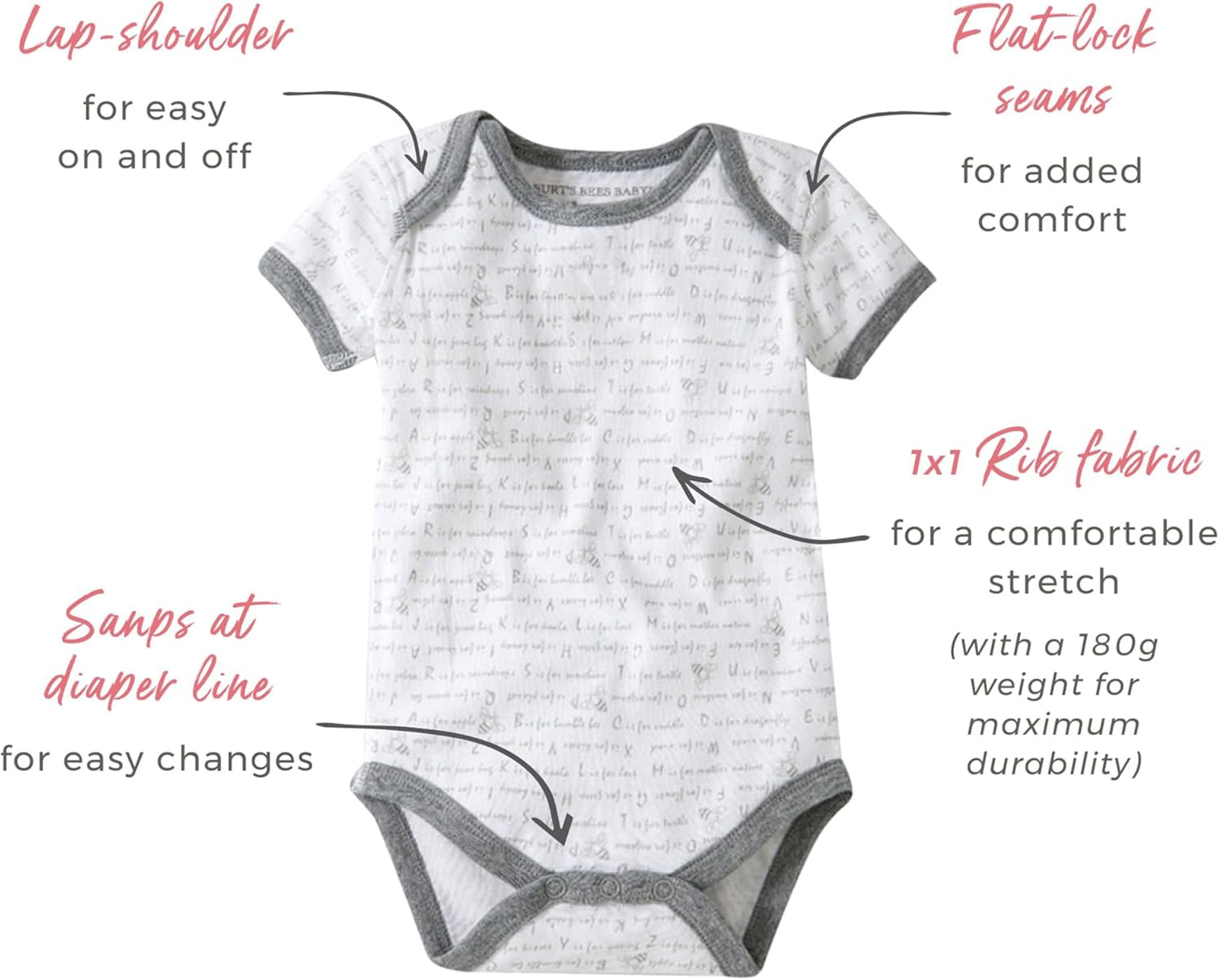 Burt's Bees Baby Bodysuits, Short Sleeve and Long Sleeve One-Pieces, 100% Organic Cotton, Pack of 5