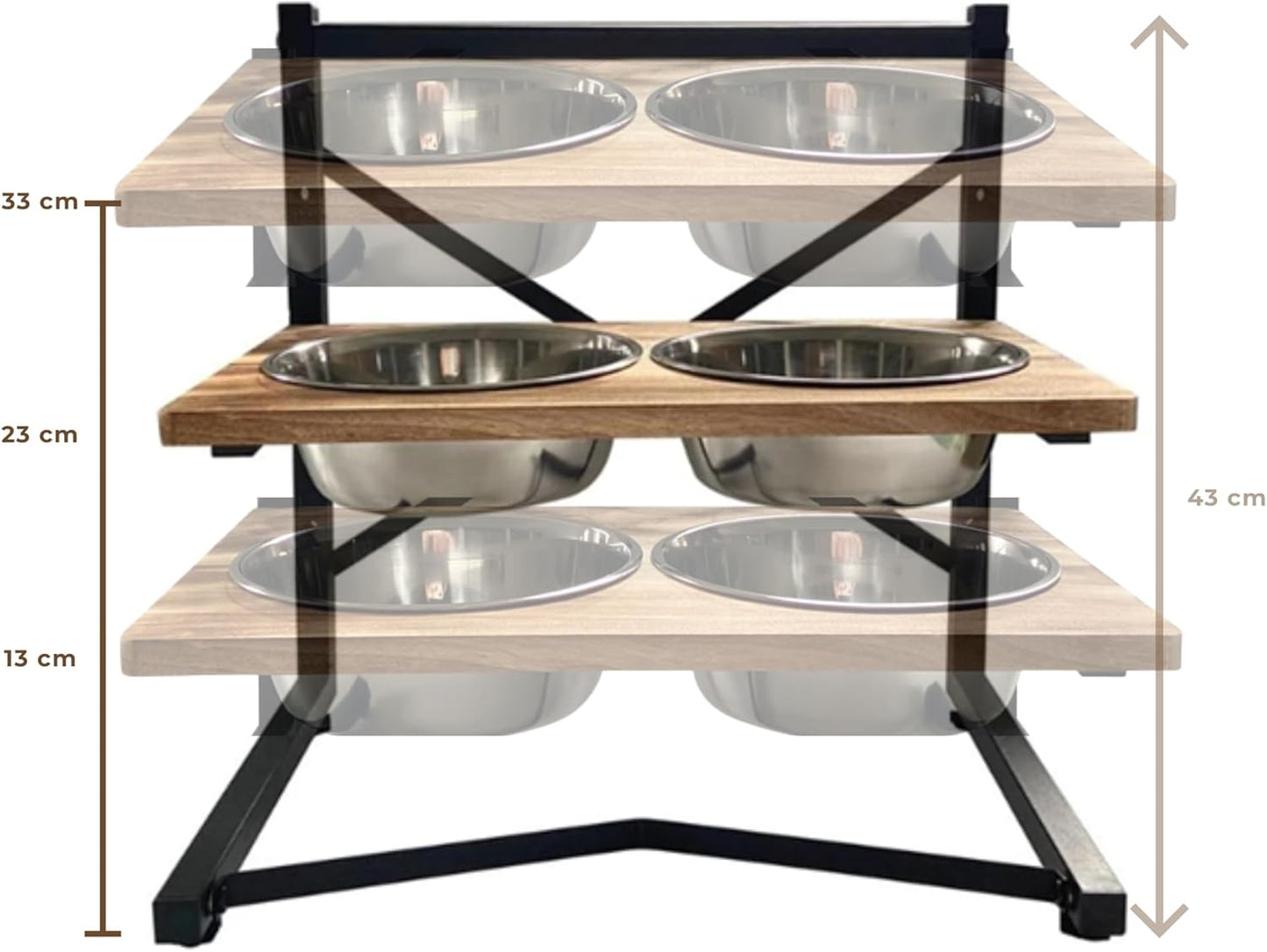 Pet Compawny Elevated Dog Bowl, Adjustable, 3 Heights with Stainless Steel, Raised Stand for Food and Water, Perfect for Dogs and Cats, Easy to Clean, Wood and Metal Frame, Modern Design