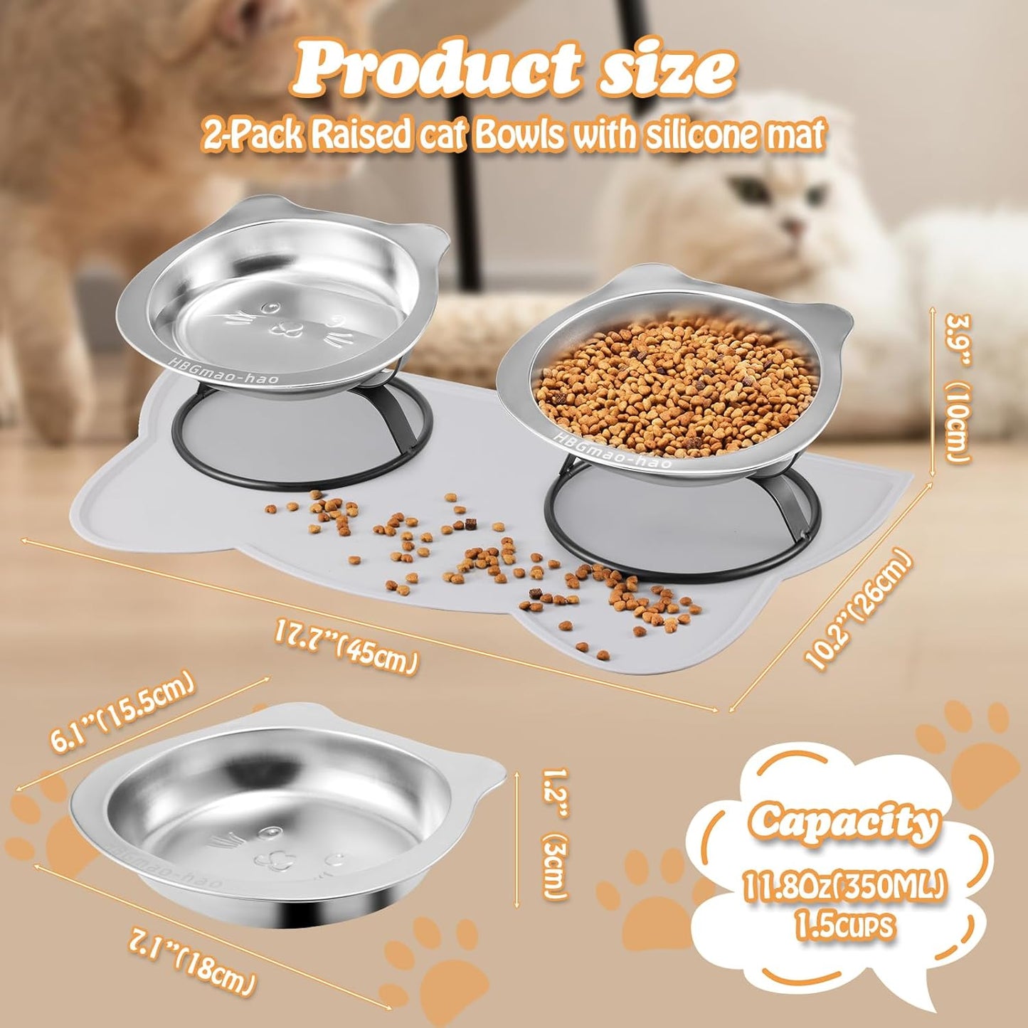 Elevated Cat Bowls with Non-Slip Mat - 7.1" Wide Whisker Friendly Dishes, Neck Stress-Free, Raised Stainless Steel Bowls for Flat-Faced/Senior Cats & Small Dogs, Indoor/Travel Use, 2-Pack