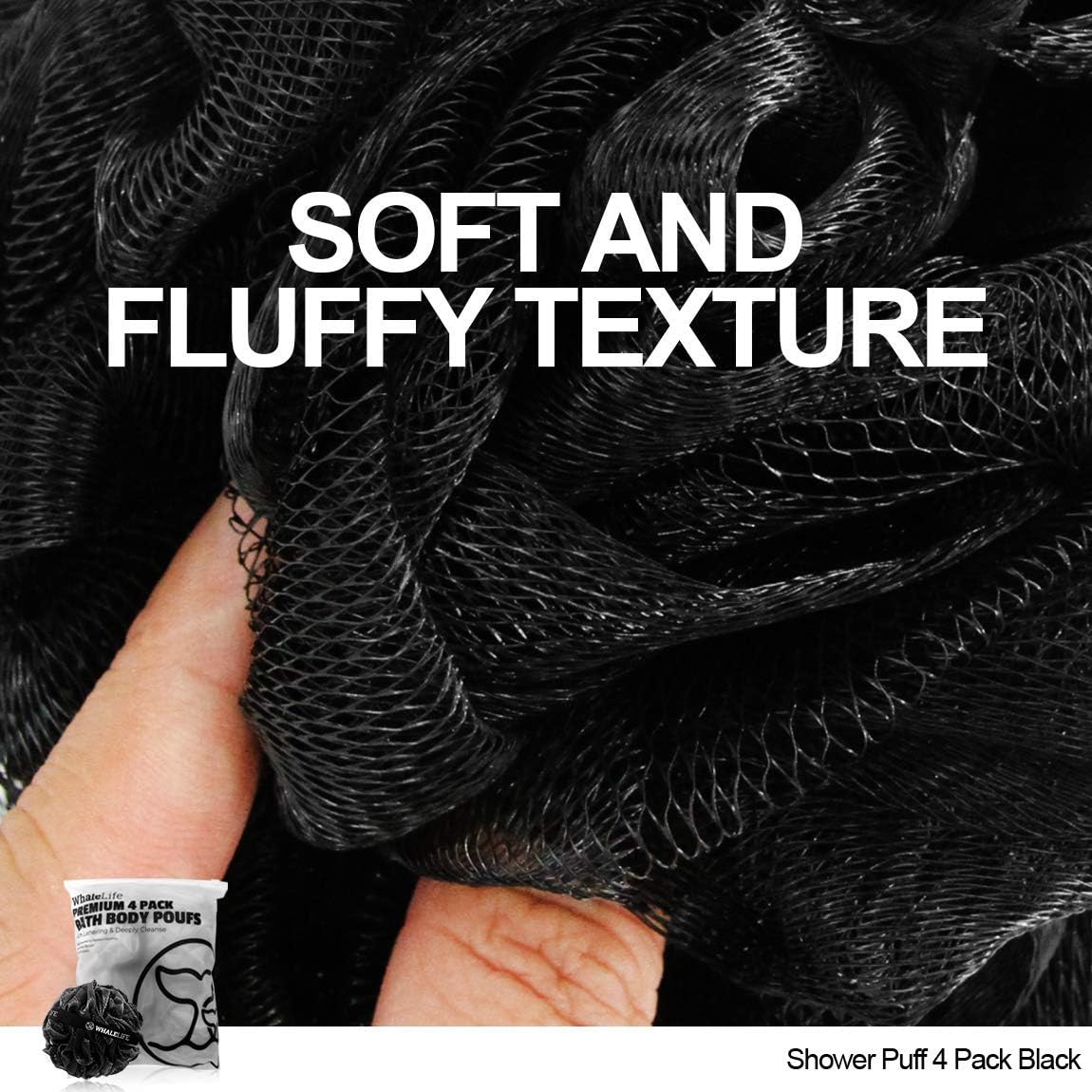 WhaleLife Loofah Bath Sponges - Black Gentle Exfoliating Shower Loofah for Rich Lather, Durable Mesh Body Scrubber for Men & Women 4 Pack