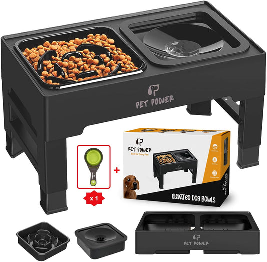 Dog Bowls Elevated Large Breed, Raised Dog Bowl Stand with 4 Adjustable Height, Slow Feeder Dog Bowls & No-Spill Water Bowl for Small, Medium, Large Dogs