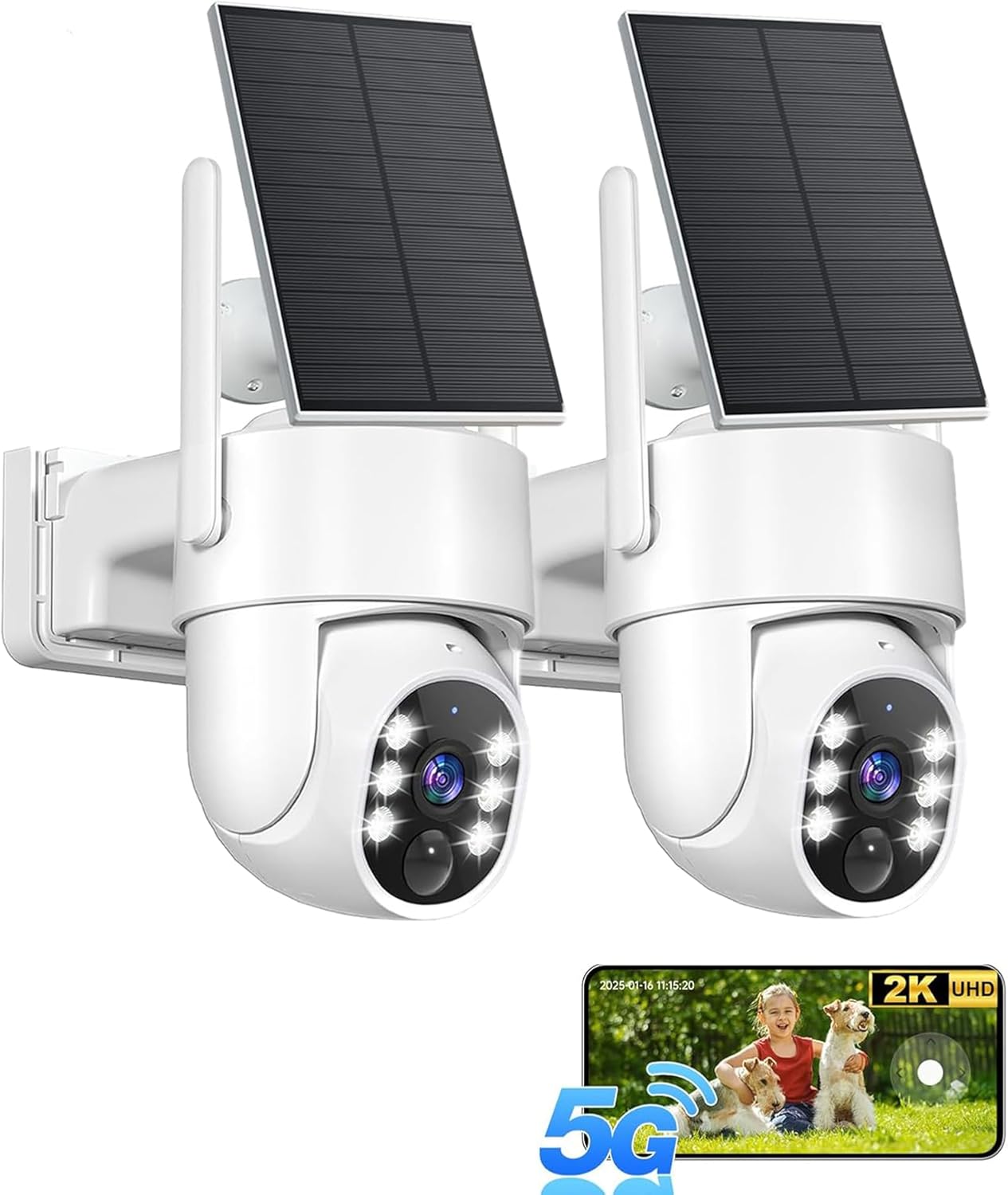 5G&2.4GHz Security Cameras Wireless Outdoor, 2K Cameras for Home Security, Solar & Battery Powered Security Camera Outdoor, Color Night Vision, PTZ Human Detection, 2 Packs