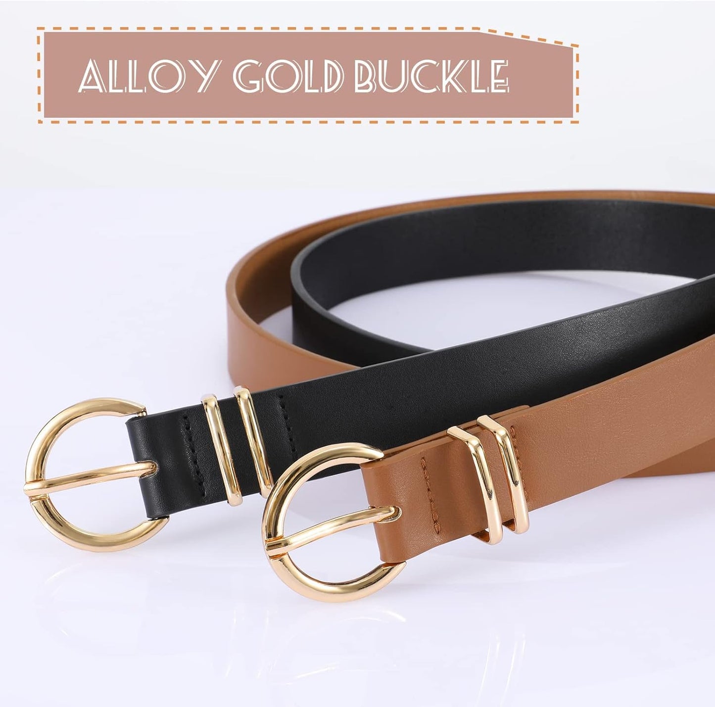 VONMELLI 2 Pack Women's Leather Belts for Jeans Dresses Fashion Gold Buckle Ladies Belt