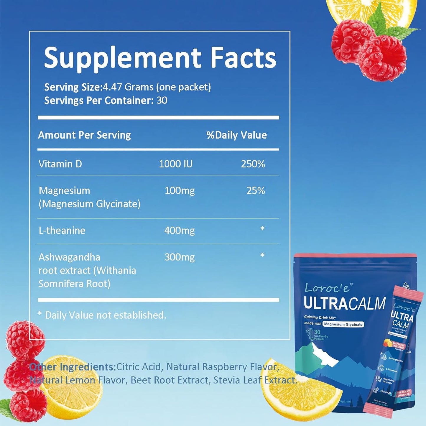 Loroc'e UltraCalm Super Cortisol Reducer Drink, Magnesium Glycinate (30 Servings), L-theanine, Ashwagandha, Vitamin D, No Sugar, Raspberry Lemonade Sleep Aid Powder