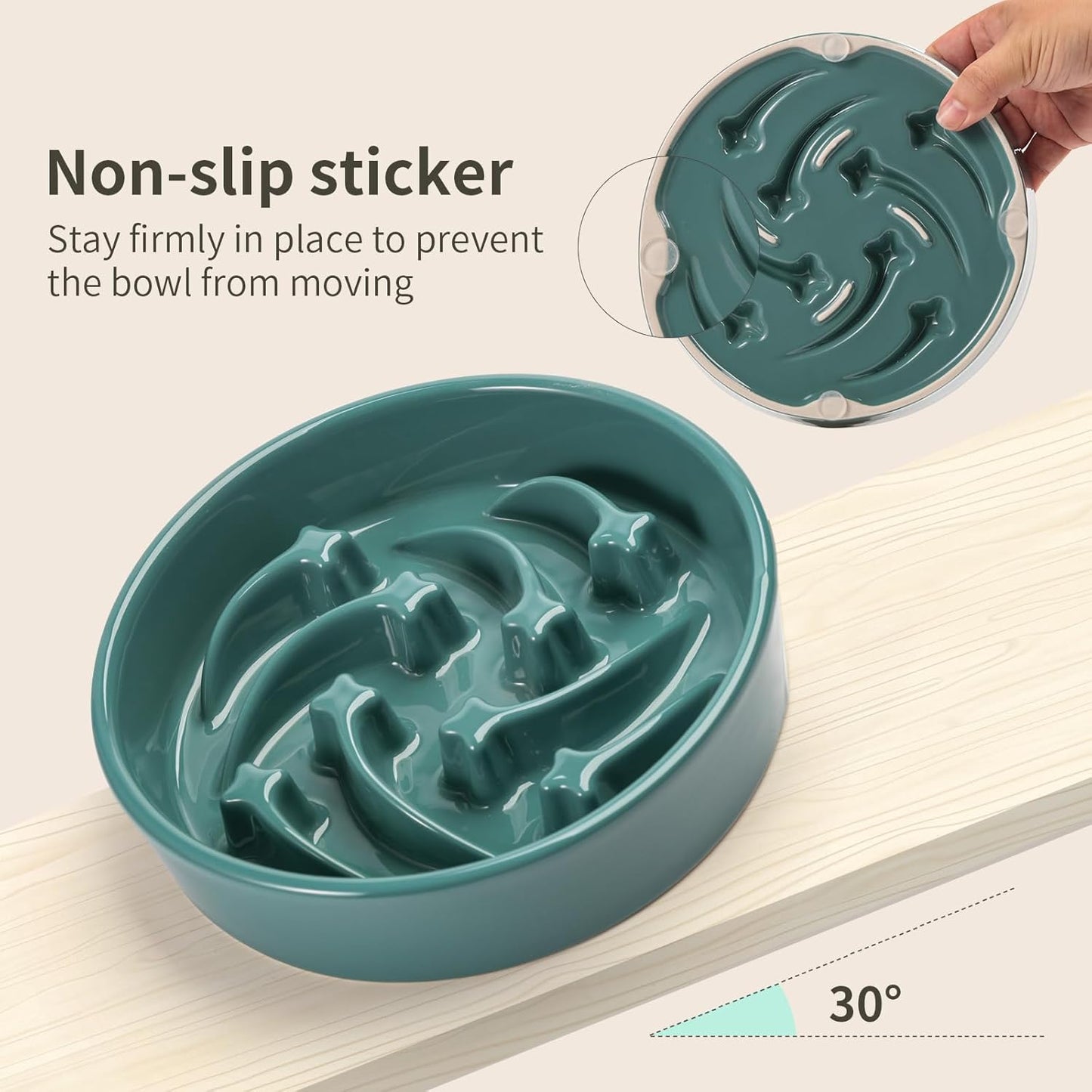 8.26 in Deep Green Ceramic Slow Feeder Dog Bowl for Medium and Large Breed,Pet Feeding Dog Food Water Dish Heavy Weighted,Puppy Bowl for Fast Eaters,Puzzle Slow Eating Dish Modern Maze Meteor