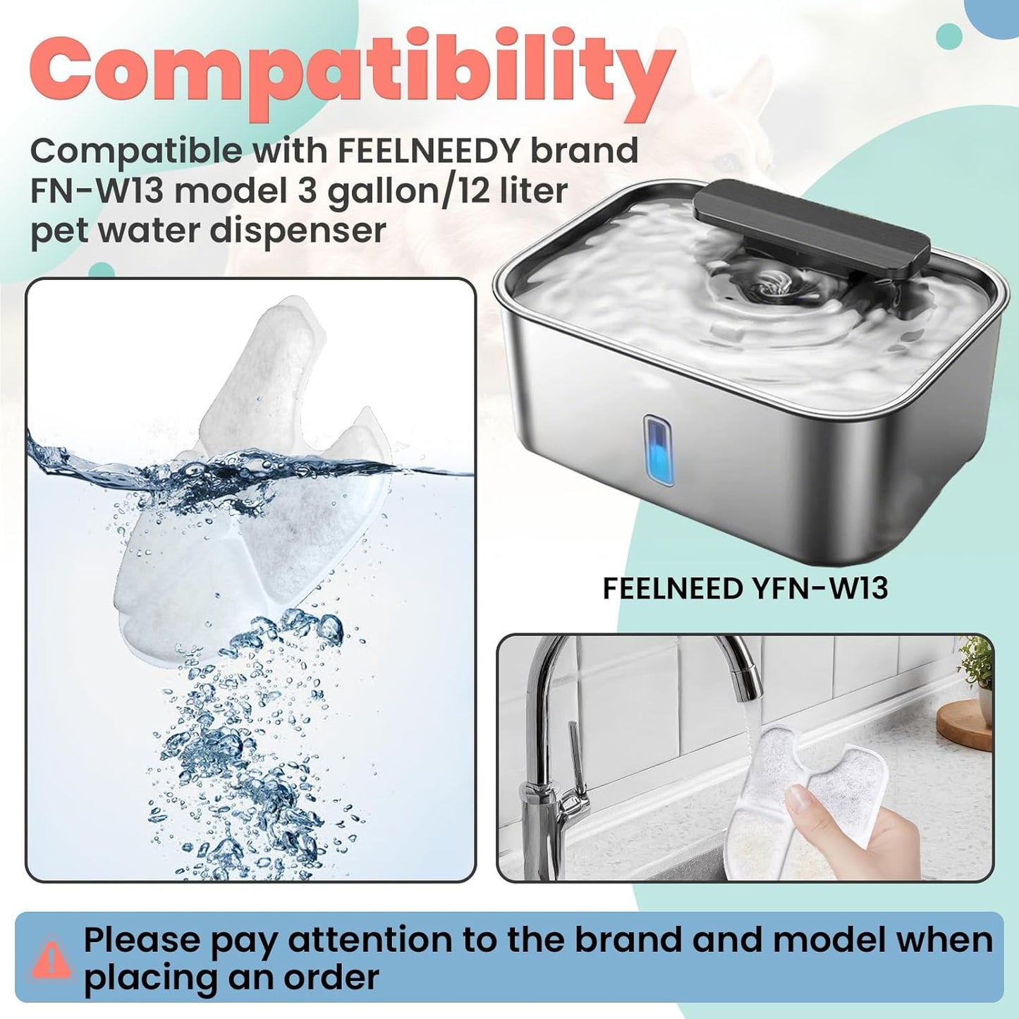 12PCS Cat Water Fountain Replacement Filters Compatible with FEELNEEDY 3Gal/12L Dog Cat Water Dispenser (FN-W13), Fit Large Dogs Bowl Dispenser, Includes 12 Filters & 12 Sponges