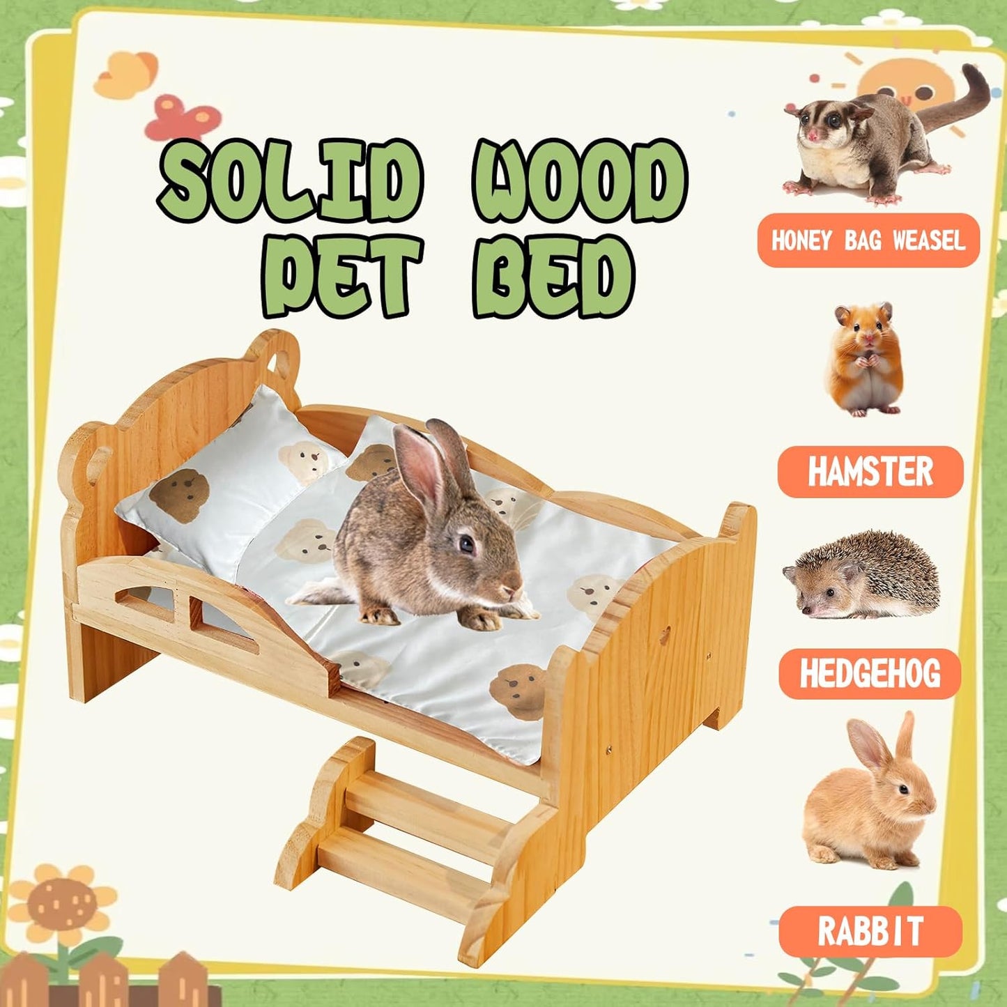 Solid Wood Rabbit Bed with Mini Staircase, Natural Wood Small Animal Bed for Rabbits, Hamsters, Hedgehogs - Low Bed Frame with Rounded Edges for Safe Climbing, Prevents Falls & Comfort Rest