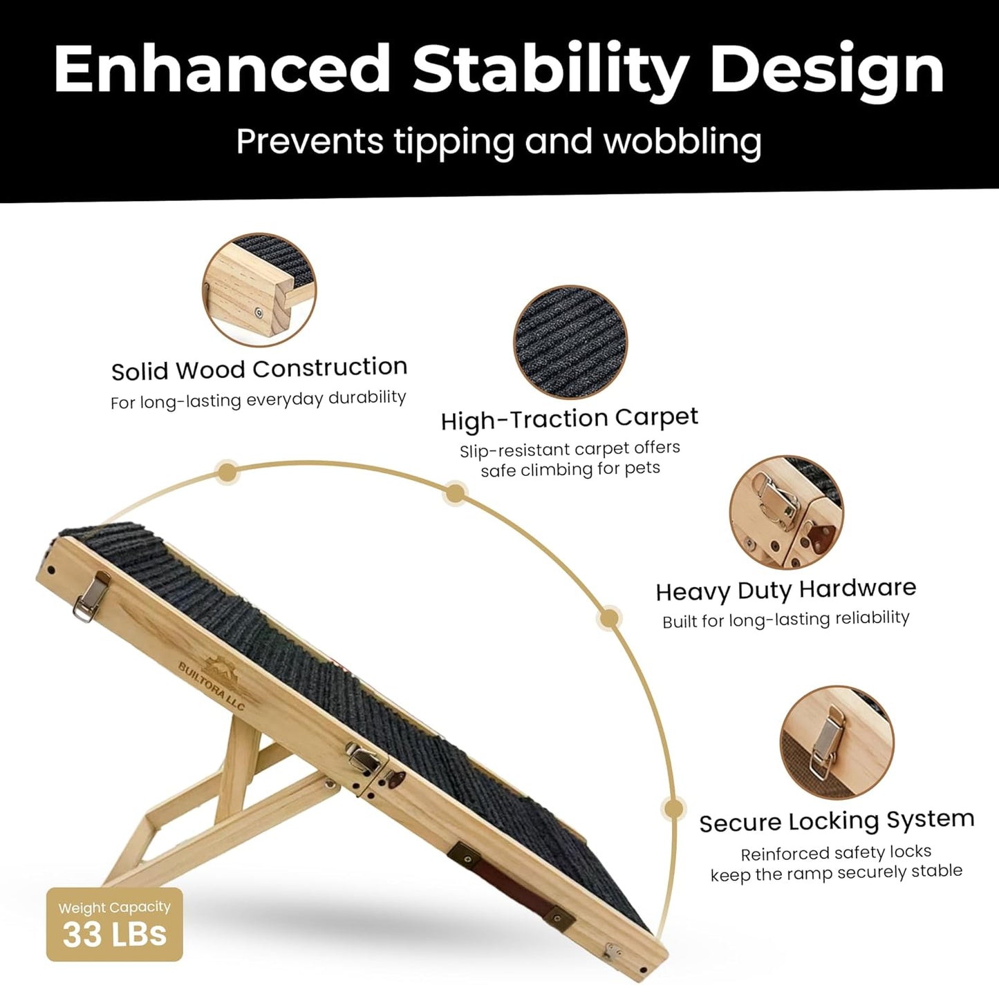 Dog Ramp for Bed & Couch, Foldable 4 Adjustable Dog Stairs for Small & Medium Dogs, Non-Slip Carpet Surface, Solid Pine Wood Dog Ramp for High Bed Sofa, Portable Dog Steps for Bed