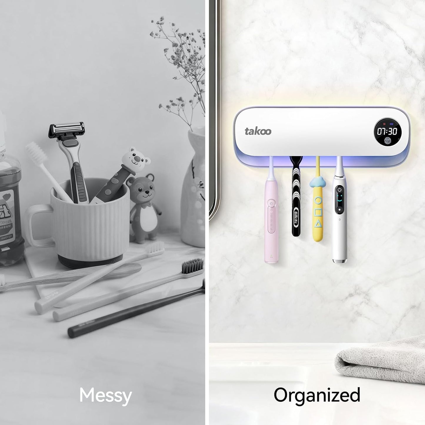 Takoo Toothbrush Cleaner, 4 Slots Wall Mounted Toothbrush Holder for Bathroom, Smart Hot Air Drying Technology, Rechargeable Smart Home Gadget