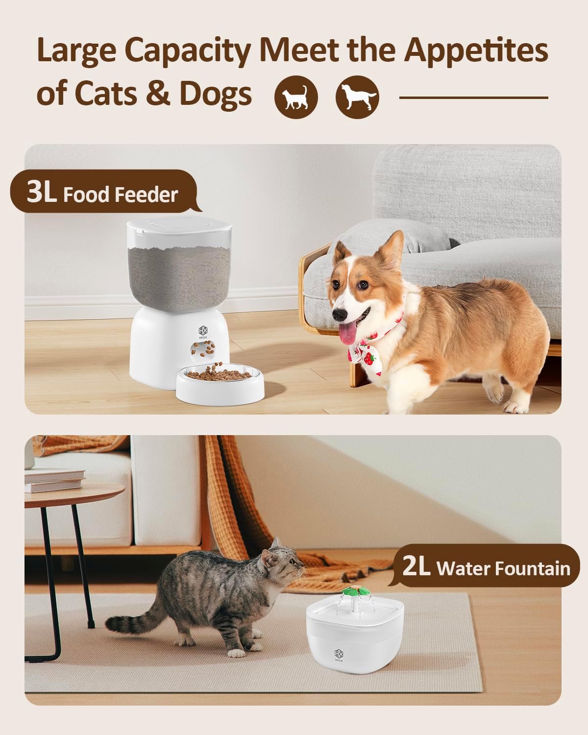 Automatic Cat Feeder with 3L Dry Cat Food Dispenser and 2L Water Fountain, Timed Dog Feeder with Portion Control and Daily Meals, Wire/Battery Automatic Feeders in White