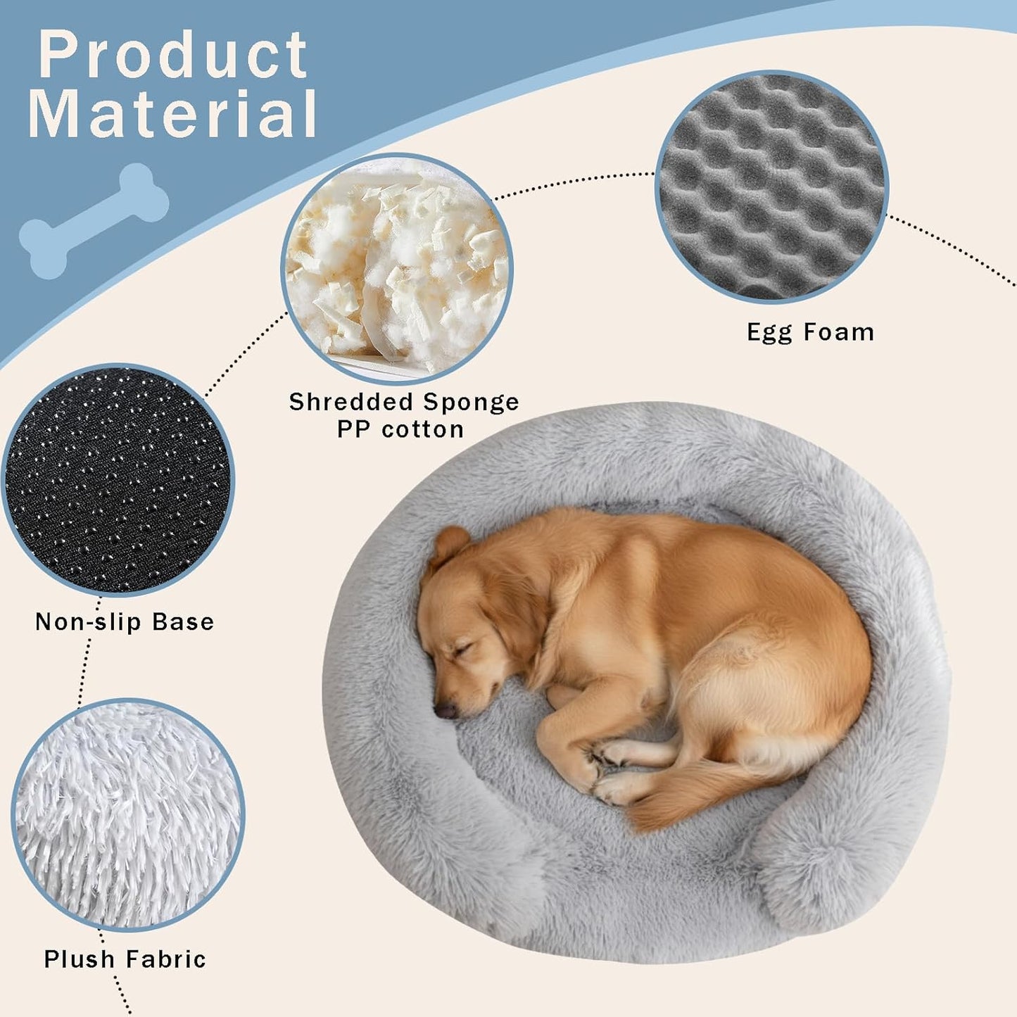 Donut Dog Bed Washable - Comfortable Round Pet Bed for Small, Medium, Large Dogs, Cuddler Anti-Anxiety Bed with Removable Machine Washable Cover (Light Grey, Medium)