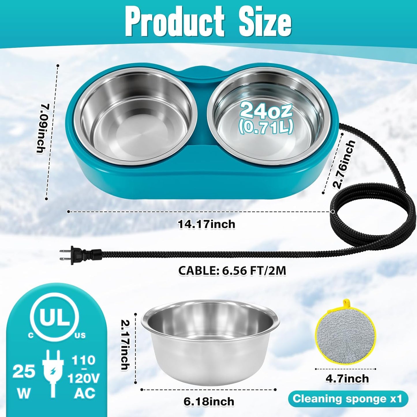 Heated Cat Food & Water Bowls for Outside Pets, 2 Stainless Steel Heated Cat Bowl 24 OZ Each, Waterproof Heated Pet Bowl for Outside Cat Dog Bird, No More Frozen Food or Water in Winter