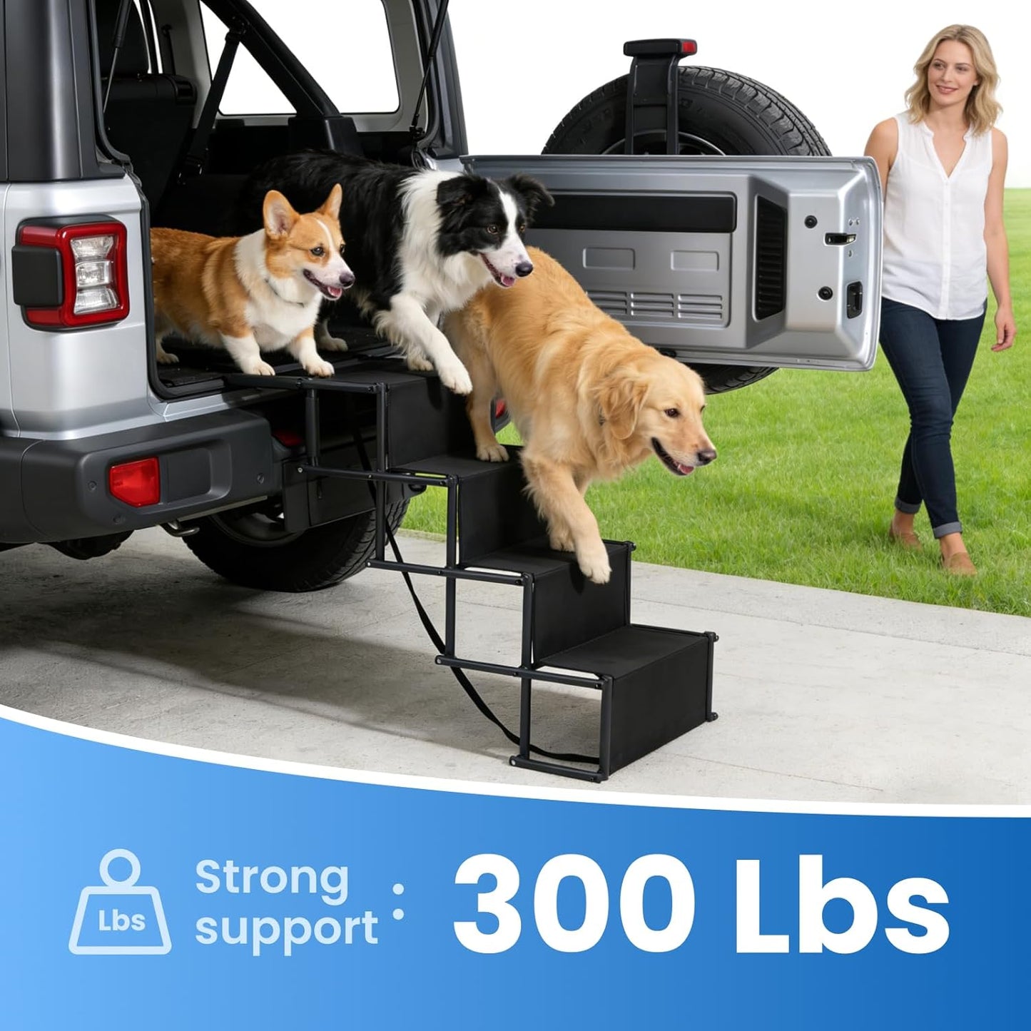 Extra Wide 4 Steps Dog Vehicle Ramps | Portable Non-Slip Pet Stairs for Cars, Trucks & SUVs | Folding Dog Ladder for High Beds | Supports Up to 200 Lbs