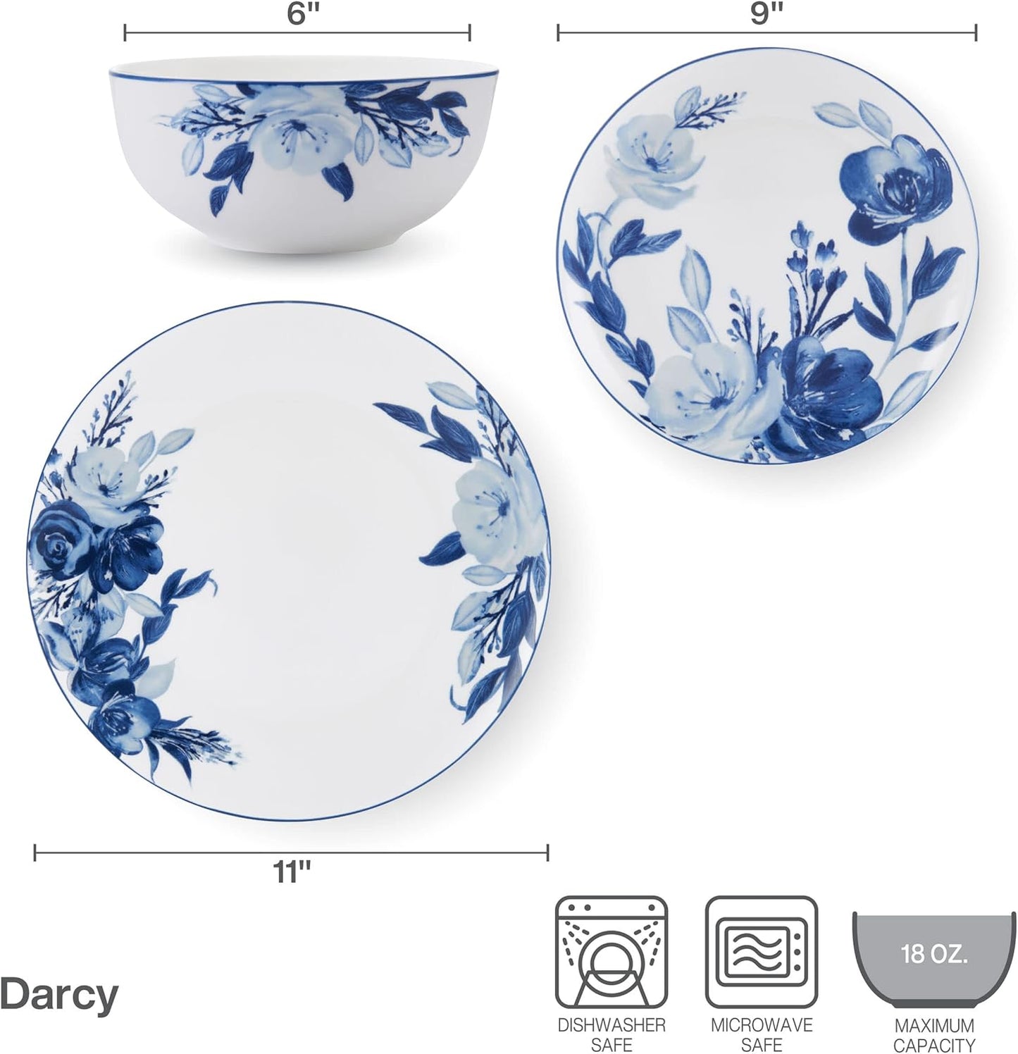 Mikasa Darcy Bone China Lightweight Chip Resistant 12 Piece Dinnerware Set, Service for 4,Blue and White