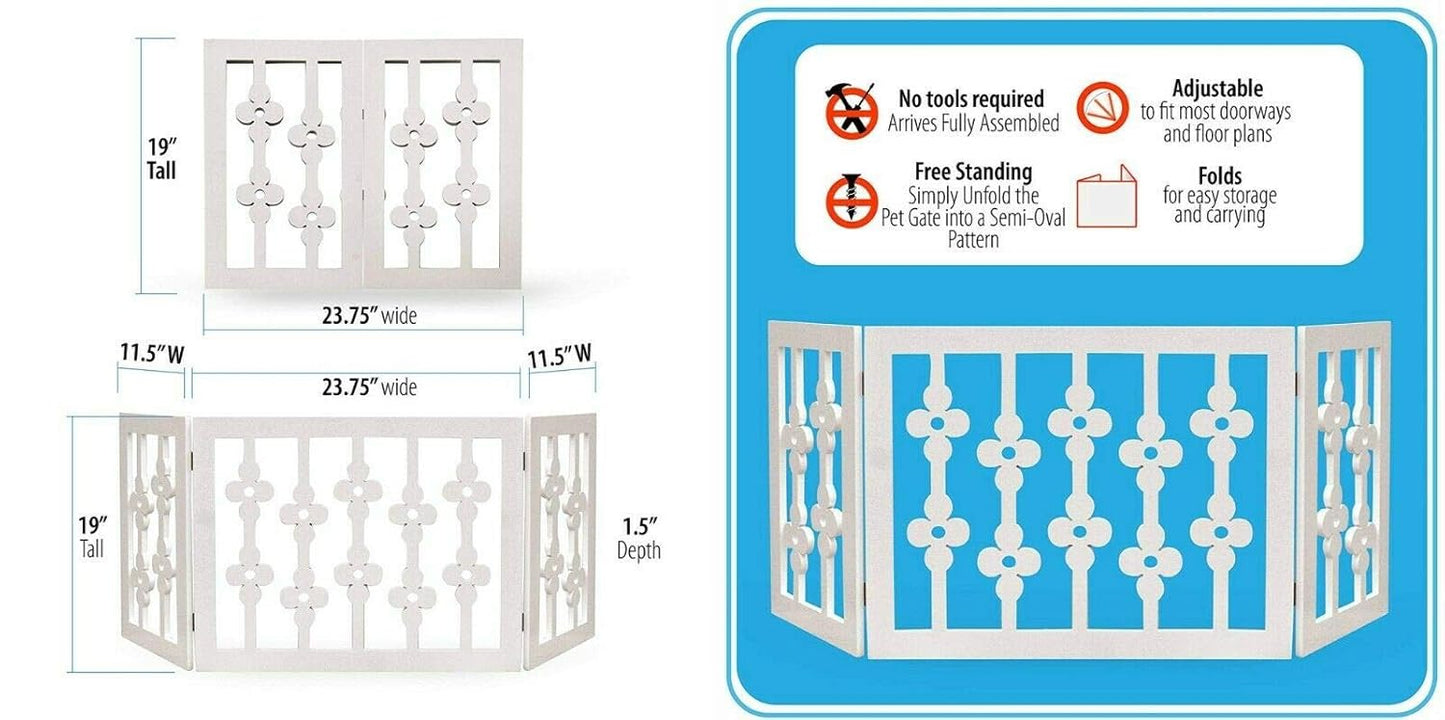 Freestanding Pet Gate for Dogs - Wooden Folding Decorative Fence for Doorways, Halls, Stairs Barrier- Step Over Divider (White Floral)