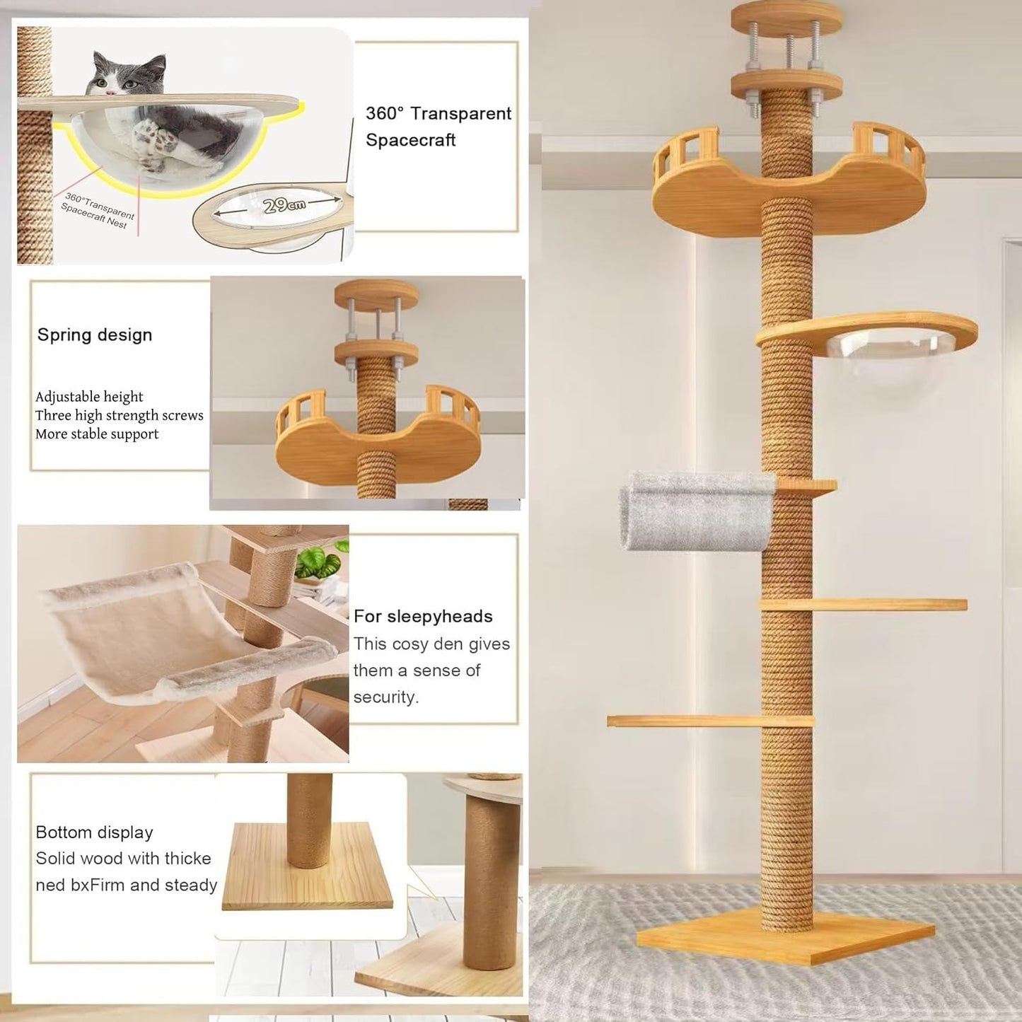 Sturdy Floor-to-Ceiling Cat Tree | Solid Real Wood 55-122'' Height Adjustable Drill-Free Tower | Ideal for Multi-Cat Households & Large Breeds with Extra-Thick 4.3" Solid Wooden Posts