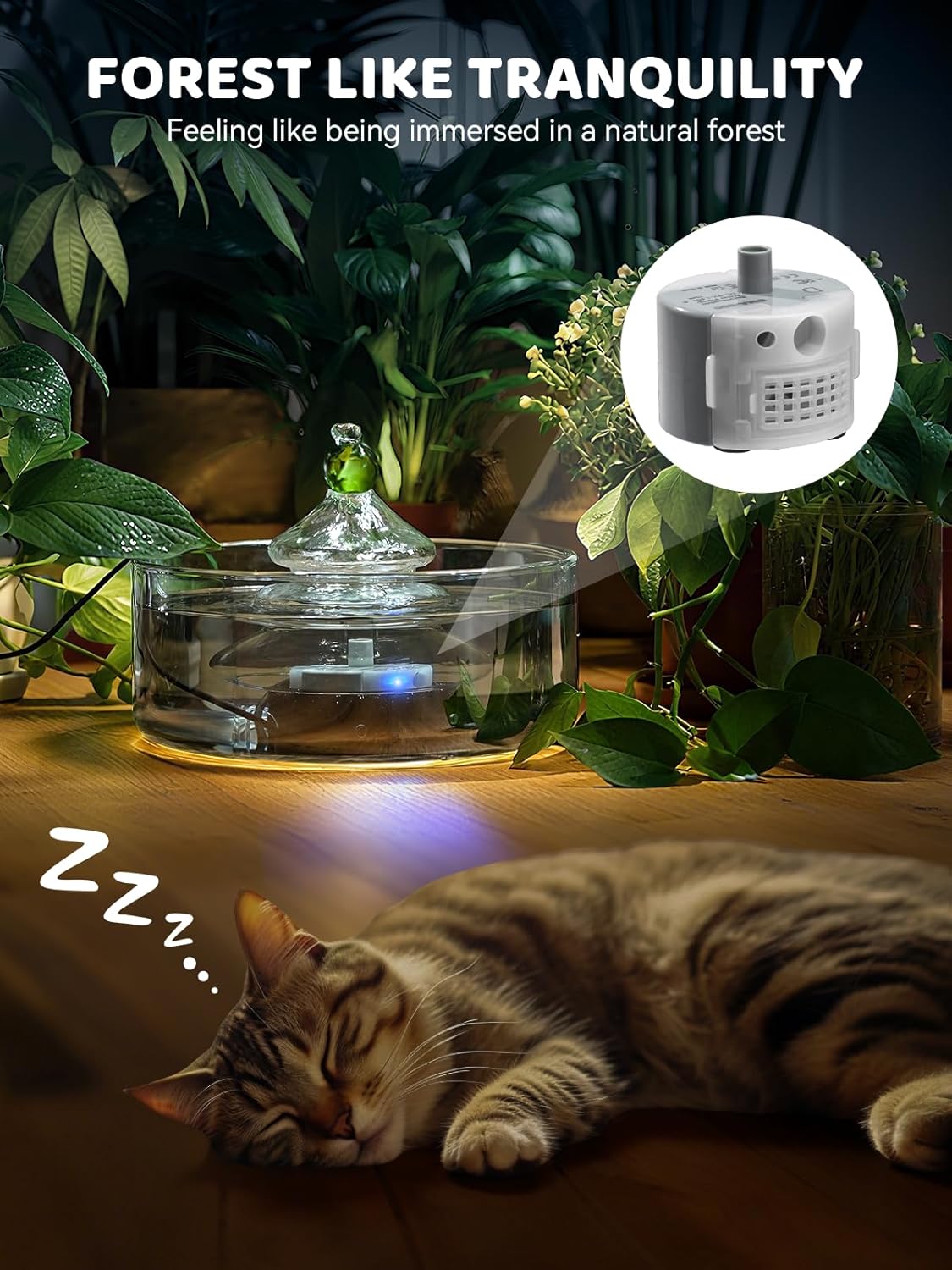 All-Glass Cat Water Fountain, 3.2L/108oz Glass Pet Fountain with LED Light, Automatic Water Dispenser for Cats (Grey)