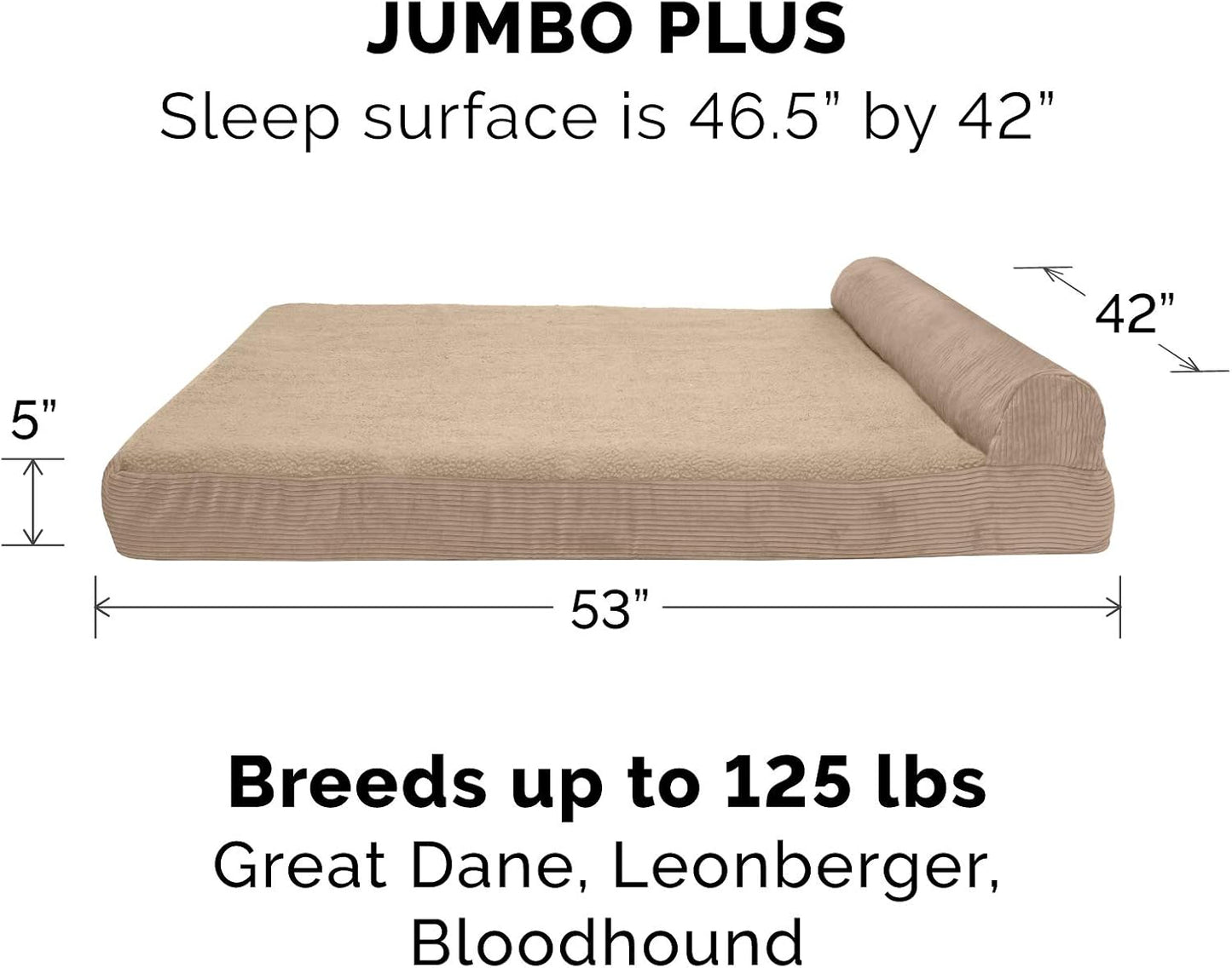 Furhaven Orthopedic Dog Bed for Large Dogs w/ Removable Bolster & Washable Cover, For Dogs Up to 125 lbs - Fleece & Corduroy Bolster Chaise - Sandstone, Jumbo Plus/XXL