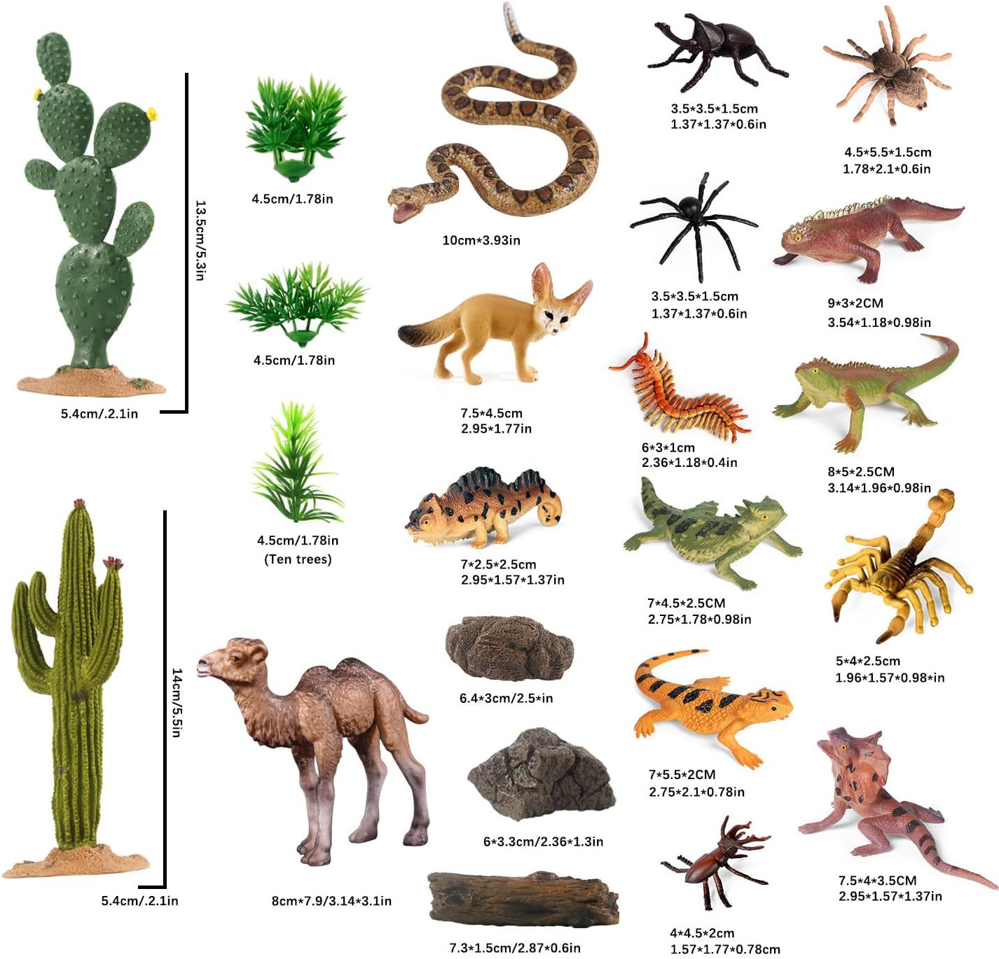 SIENON 32Pcs Desert Animal Figures Playset Model Trees Cactus Kit Diorama Project with Camel Fennec Fox Rattlesnake Scorpion Lizard Reptile Toy for Kids Birthday Cake Toppers Party Decorations