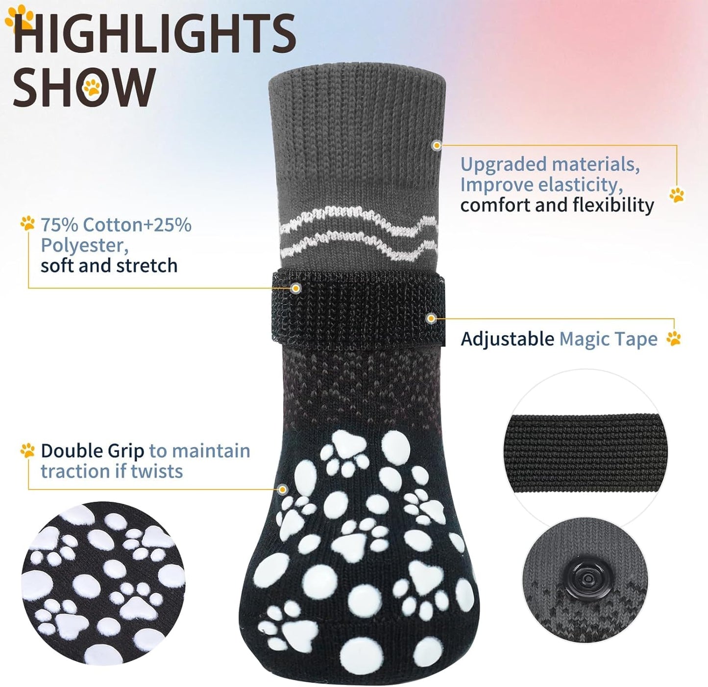 BINGPET 6PCS Dog Socks to Prevent Licking Paws with Grippers for Hardwood Floors Anti Slip, Winter Pet Shoes Booties, Extra-Thick Grip Dog Boots & Paw Protectors for Small Medium Large Senior Dogs, M