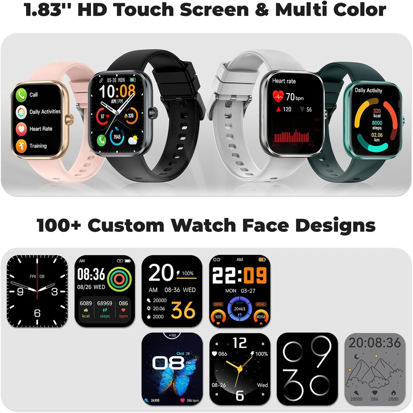 Smart Watch for Men Women, 1.83" HD Touchscreen Fitness Watch with Bluetooth Call&Message Notifications, 110+Sport Modes, 24/7 Heart Rate/Sleep Monitor, IP68 Waterproof Fitness Tracker for Android iOS