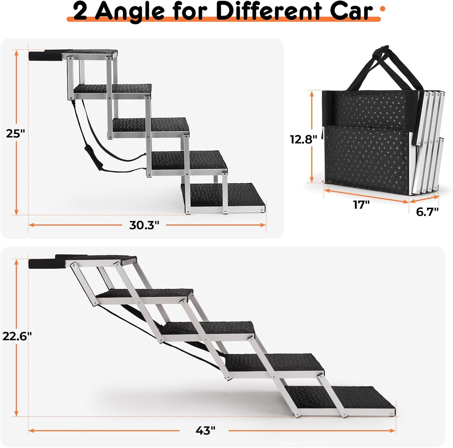 Car Ramp for Dogs – Adjustable Foldable Dog Ramp for Cars, Trucks & SUVs | Non-Slip Rug Surface, Supports Small/Large Dogs Up to 250 lbs | 5-Step