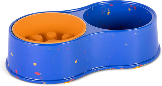 The Dodo Bamboo Double Diner Bowl, Blue & Yellow; Cute Dog Dish; Double Dish for Dogs, Dog Double Bowls