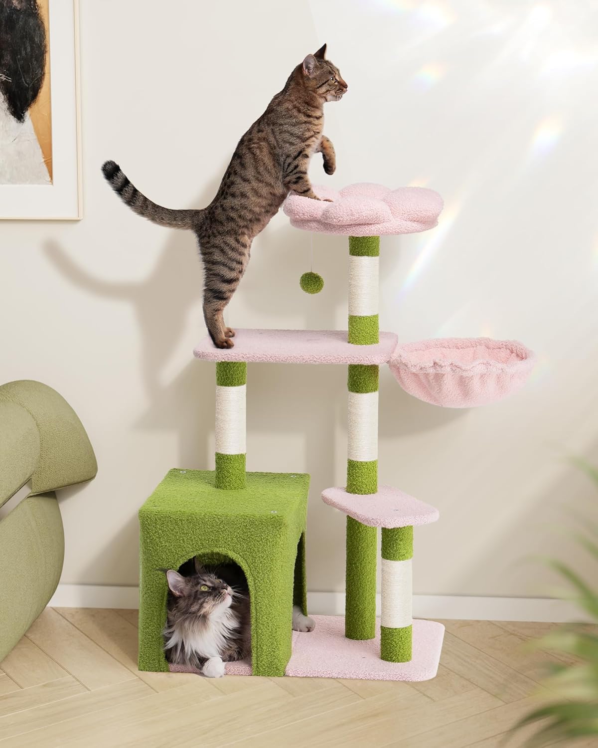 Flower Cat Tree for Indoor Cats, 2-Door Large Cat Condo Cave Bed for Big Adult Cats, 41.2'' Cute Cat Tower with Scratching Posts, Cozy Floral Perch and Hammock for Kittens, Green Pink