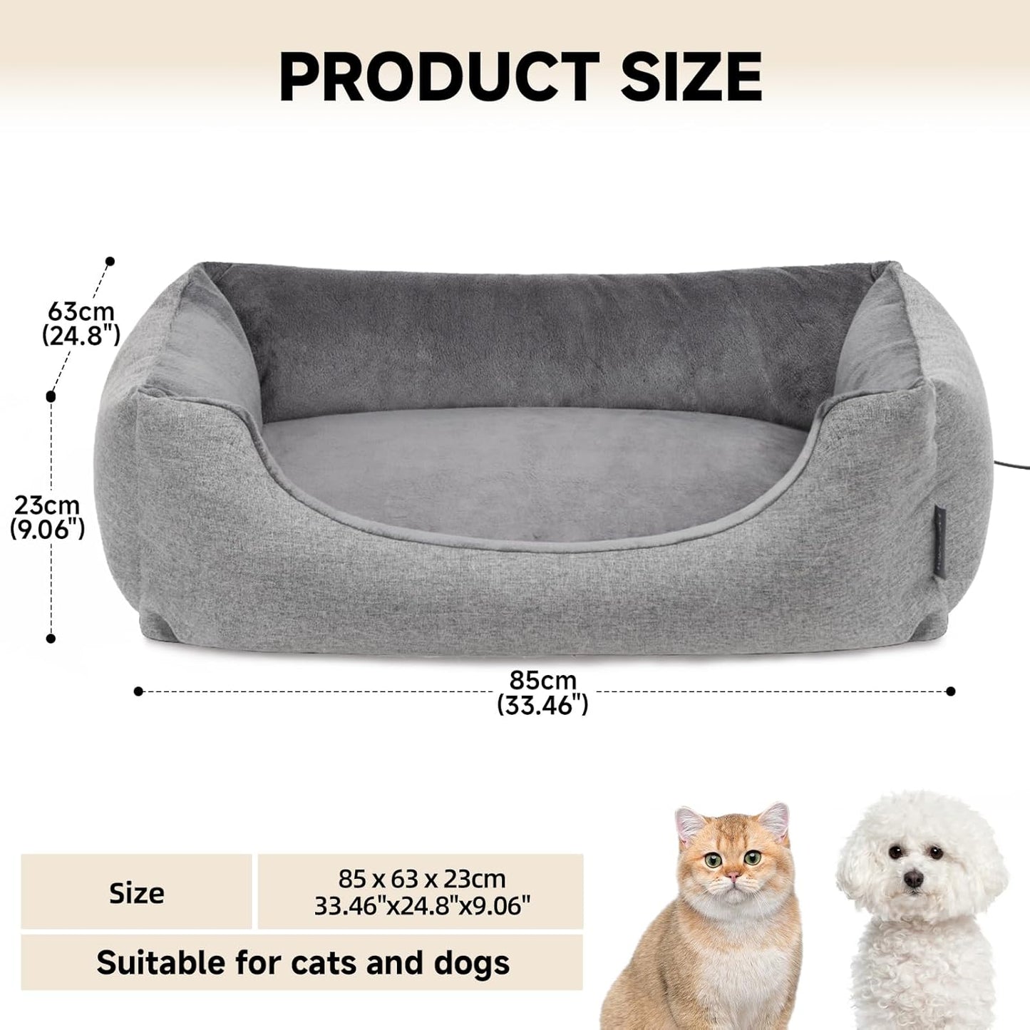 Heated Dog Bed with Auto Sensing Heated pad, 3-Temperature Settings & Chew-Resistant Cord - 33x25 Inch Luxury Sofa-Style Heated Pad for Large Dogs