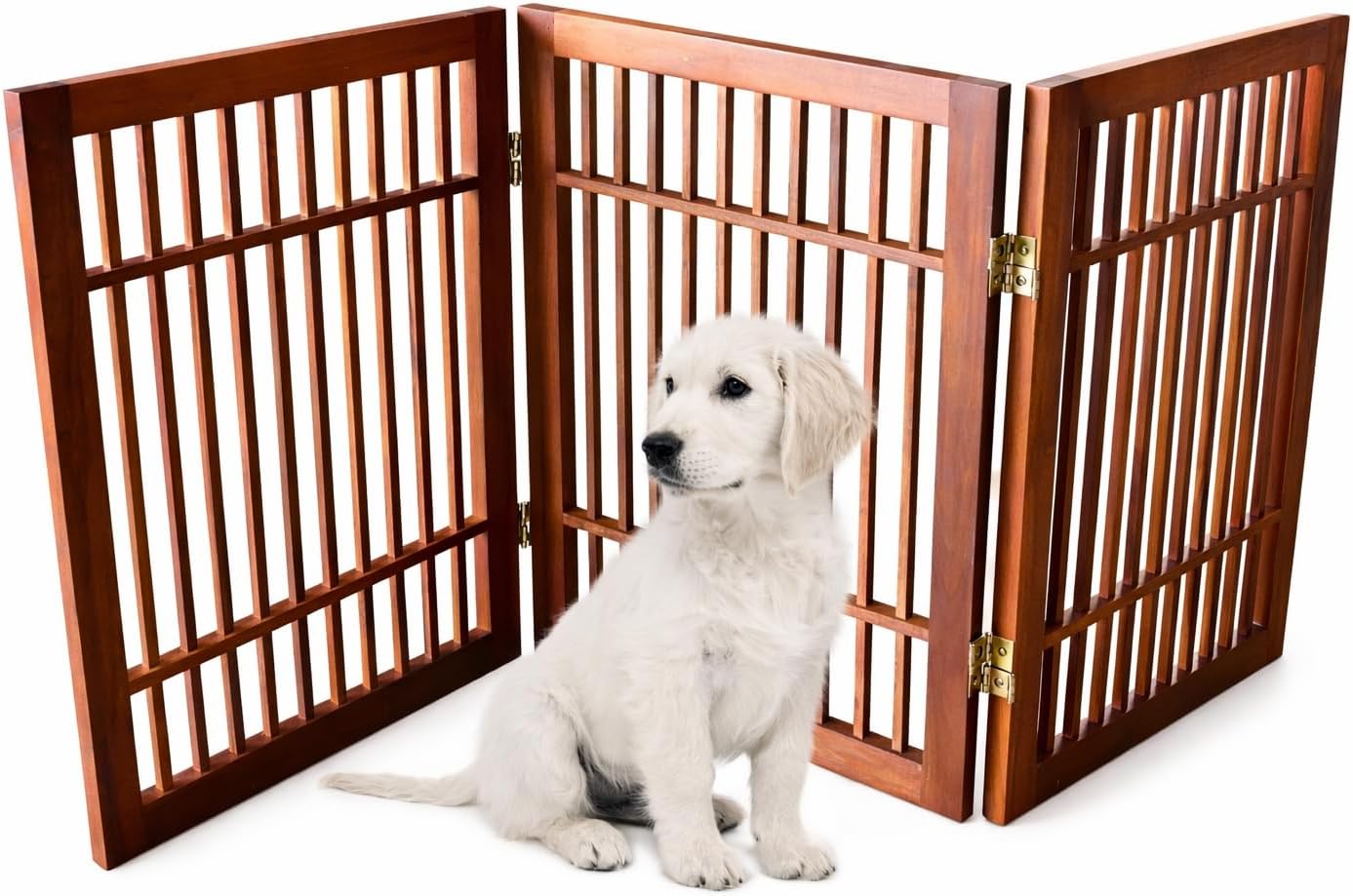 Urnporium Freestanding Wooden Dog Gate Foldable Indoor Pet Gate No Drill Expandable Barrier for Doorways Stairs Hallways Portable Wood Fence for Small Dogs & Puppies (Brown Pet Gate, 3 Panel 24" Tall)