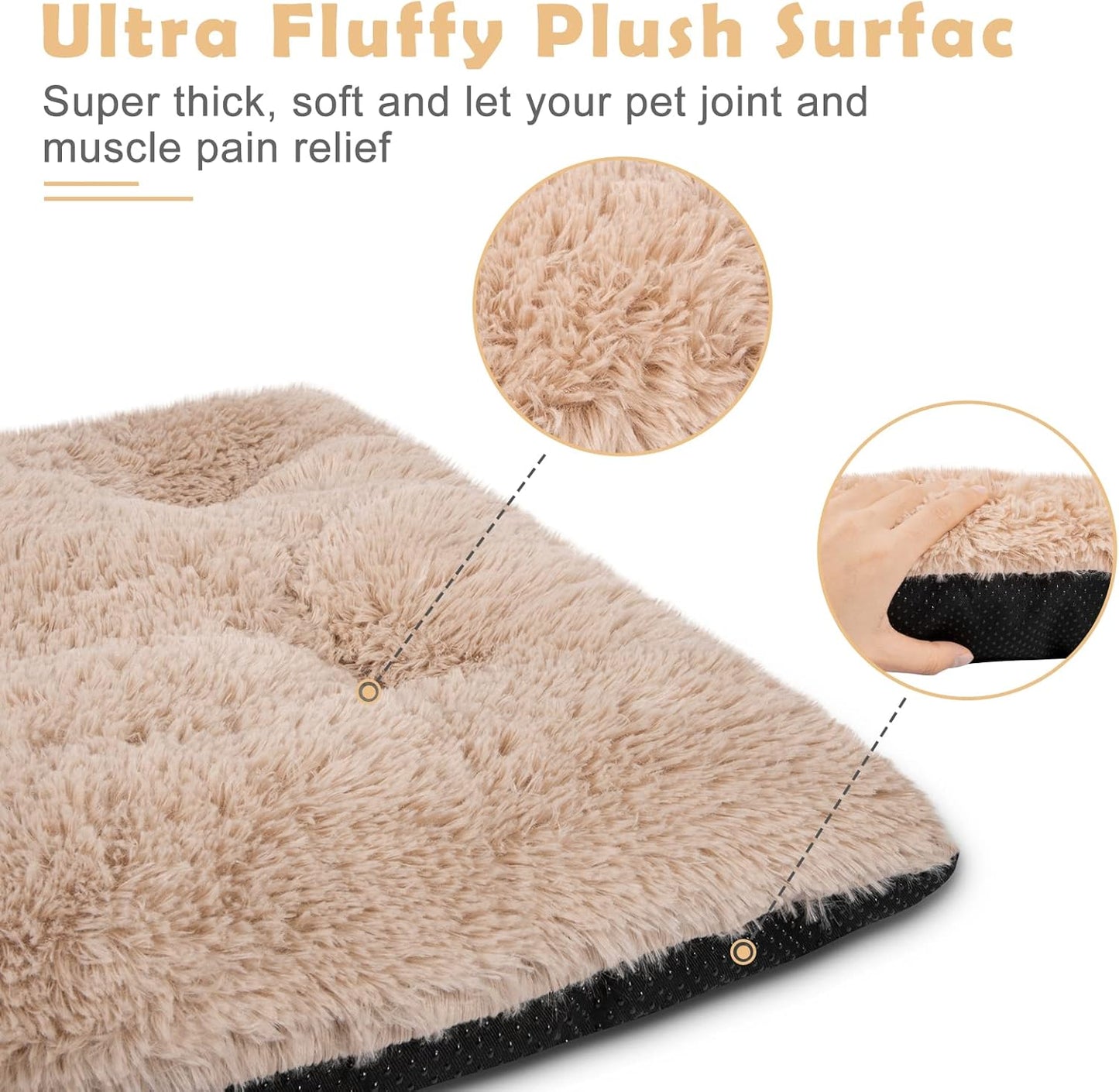 JOEJOY Dog Bed Crate Pad, Deluxe Plush Washable Dog Beds Fulffy Soft Kennel Pad Anti-Slip Pet Sleeping Mat for Medium Small Dogs, 29" x 21", Beige