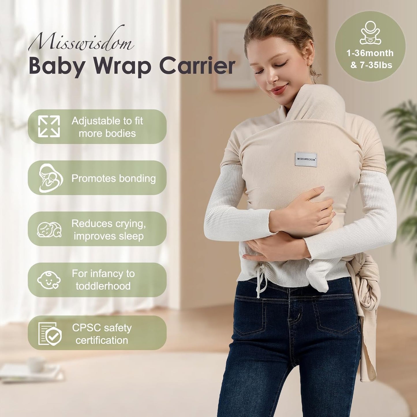 Baby Wraps Carrier, Baby Carrier Wrap Newborn Sling 7-35lbs, Baby Wearing Wrap Newborn Wrap Carrier, Baby Sling Carriers for Newborn and Infant, Beige