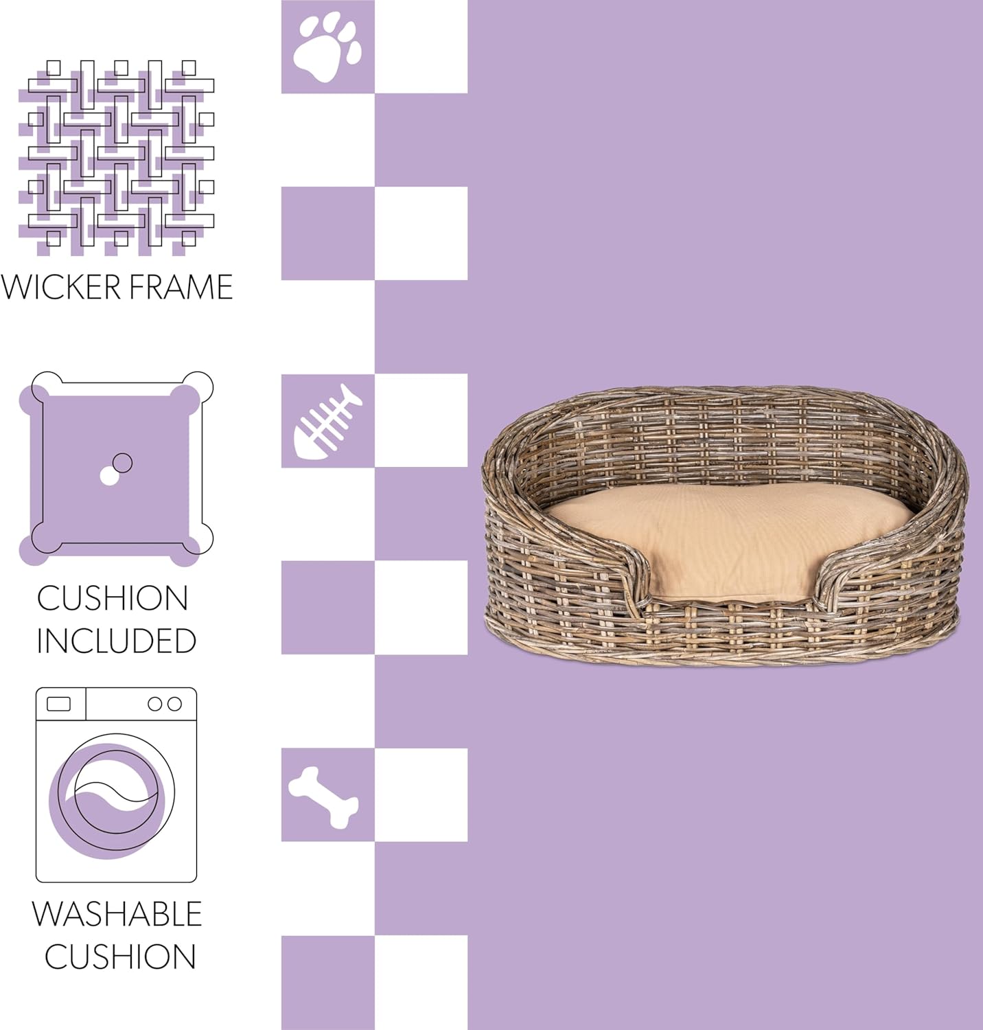 DBD1005A Elevated 27.5" x 17" Bohemian Handwoven Rattan Dog Daybed with Machine-Washable Cushion, Natural