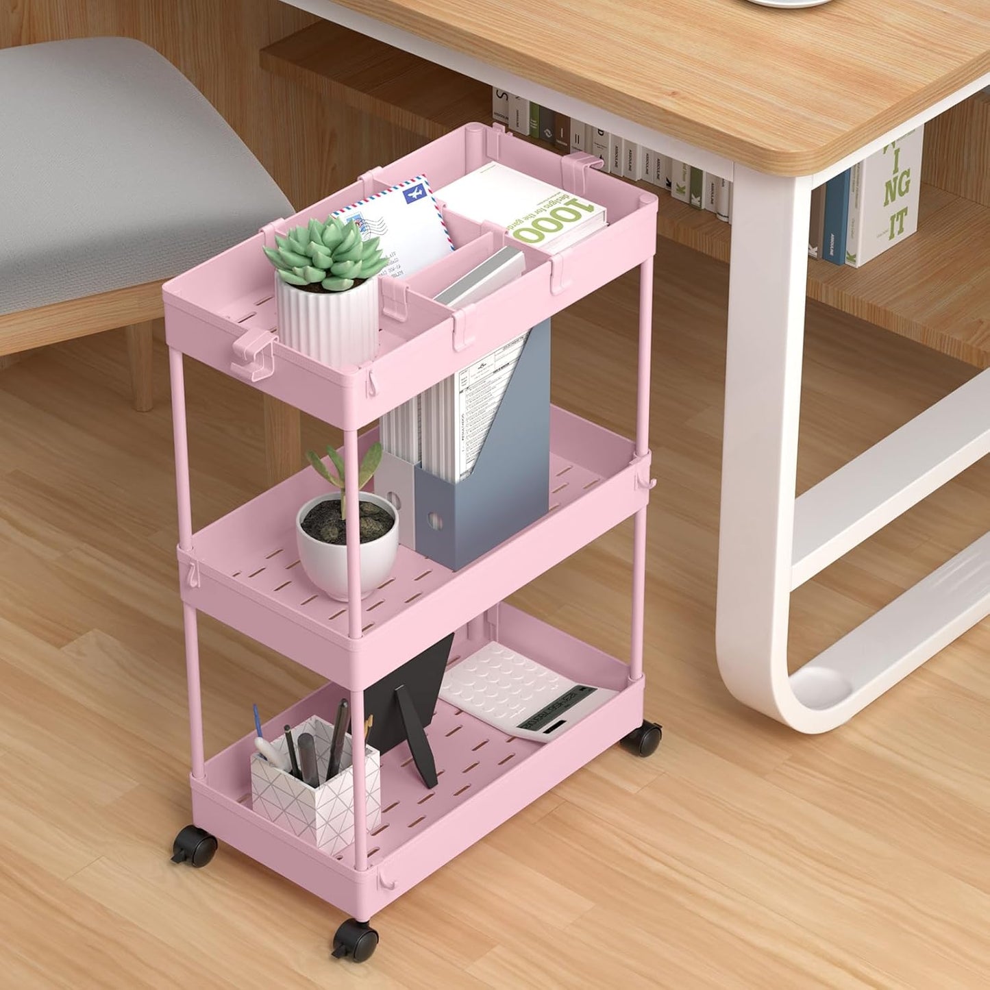 SPACELEAD 3 Tier Rolling Cart with Wheels, Storage Craft Art Trolley Organizer Serving, 3 Hanging Baskets Easy Assembly, for Office, Living Room, Kitchen, Pink