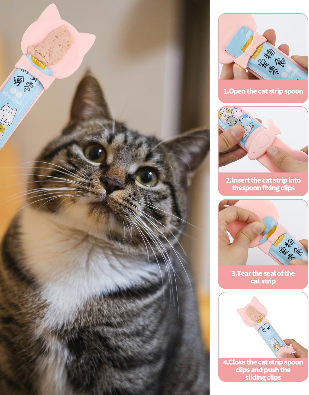 5 PCS Cat Food Can Covers Lids Set, Silicone Pet Food Can Lids with Multi-Function Cat Food Spoon and Opener, Cat Bar Squeezer, Stainless Steel Wet Food Spoon for Cats and Dogs (Pink)