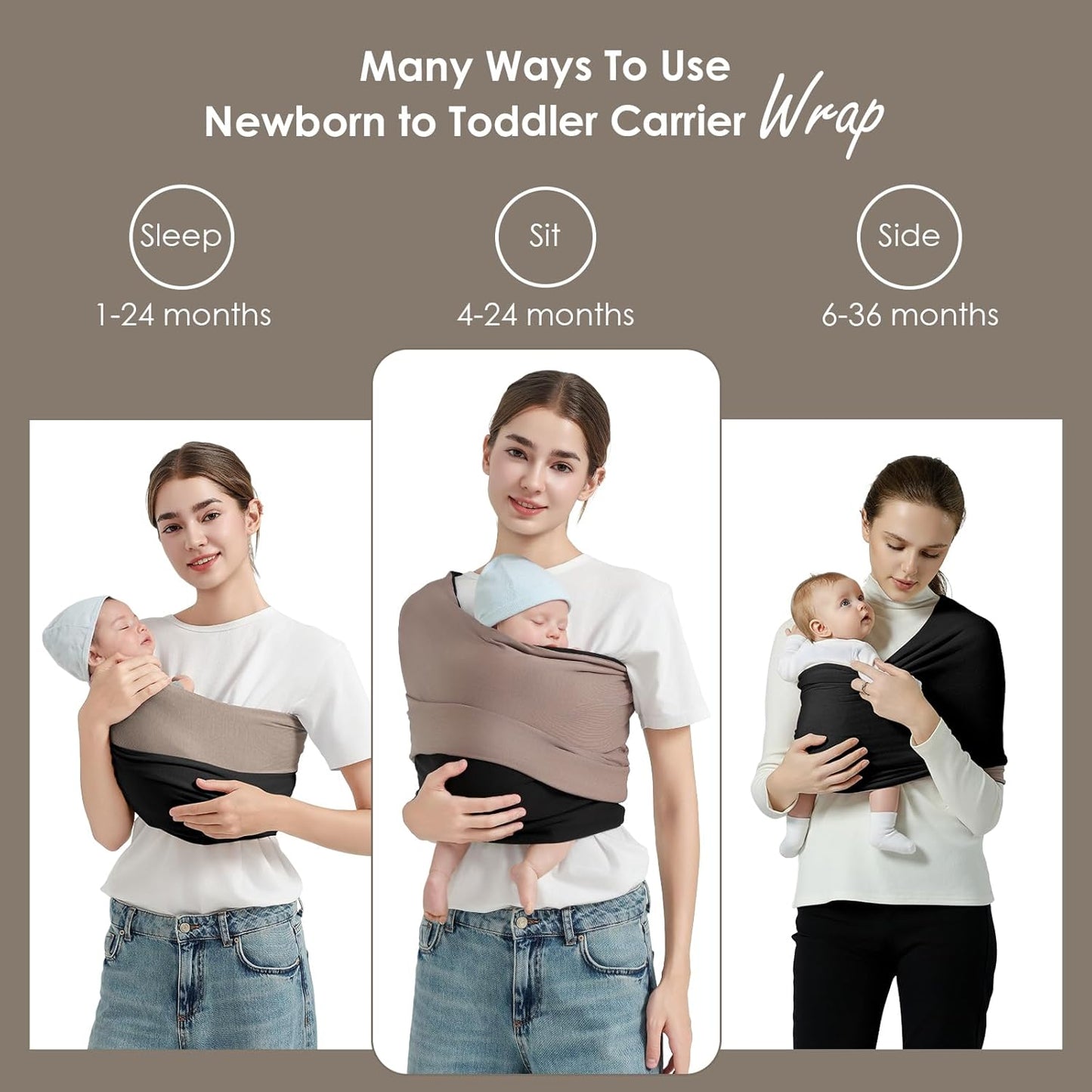 Baby Wrap Carrier, Lightweight Baby Wearing Wraps for Newborn and Infant, Soft Swaddle Holder Carrier, Cozy Baby Sling 7-35 lbs Black+Brown