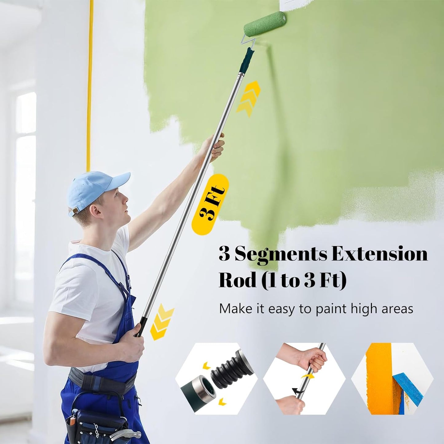 Paint Roller Kit with Extension Pole, 9 Inch Paint Roller, Paint Tray with Liner, Paint Brush & Tape, Professional Microfiber Painting Supplies for Painting Walls, Ceilings and Home (3 FT)