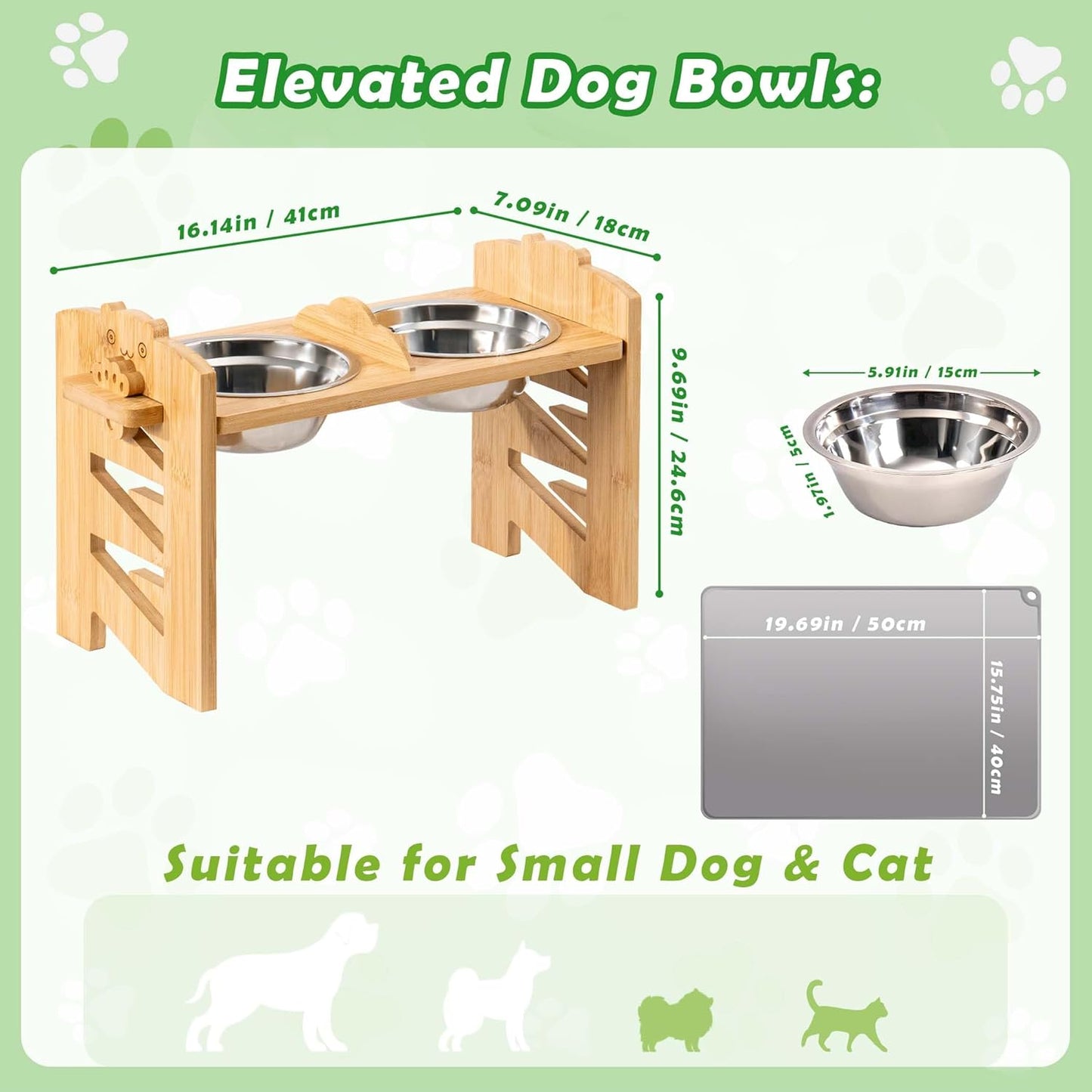 Lavievert Elevated Dog Bowls Stand with 6 Height Adjustable & Splash-Proof Mat - 2 Thick Stainless Steel Pet Food Bowls for Medium/Small Dogs - Raised Dogs & Cats Feeder with Waterproof Base