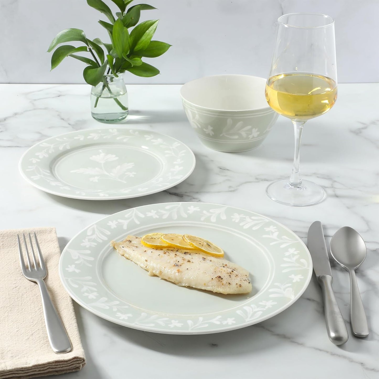 Martha Stewart Maiden Crown 12-Piece Sage Green Dinnerware Set – New Bone China Ceramic Plates & Bowls – Floral Design – Service for 4 – Microwave & Dishwasher Safe