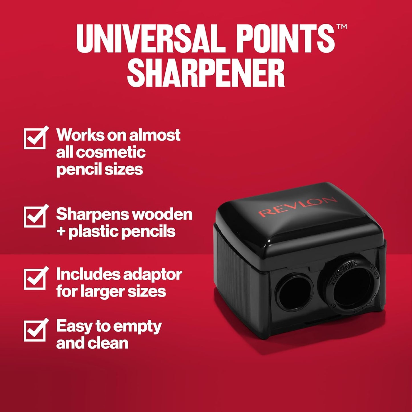 Revlon Universal Points Sharpener for Wooden & Plastic Makeup Pencils, Fits Small to Large Sizes, Easy to Clean, 1 Count