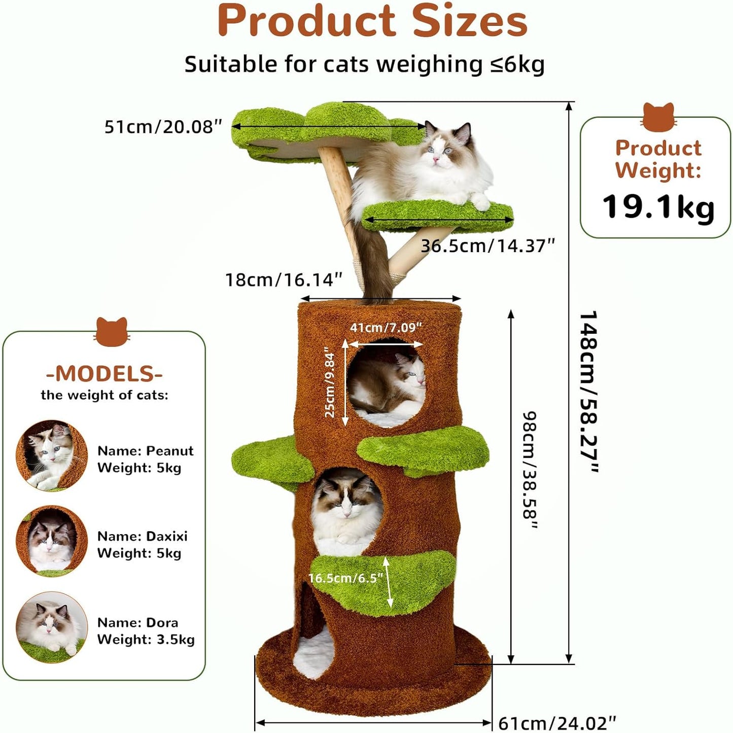 Modern Cat Tree Tower: 58Inch Tall Cat Tree for Large Cats with Multi Condos - Indoor Wood Cat Tree House Sturdy with Scratching Post