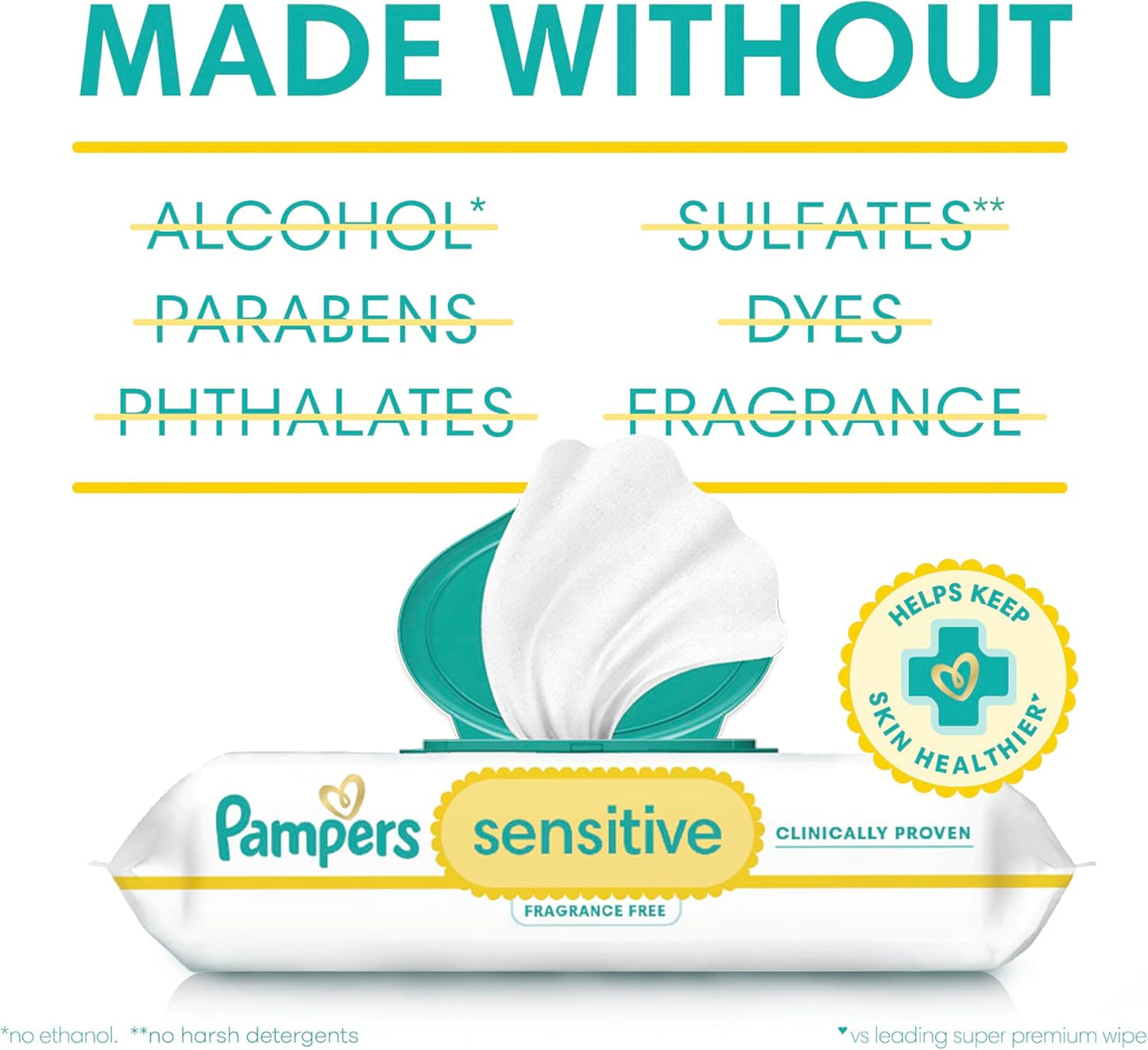 Pampers Baby Wipes Sensitive, Water Based Hypoallergenic and Unscented 504 Total (6 Flip-Top Packs)